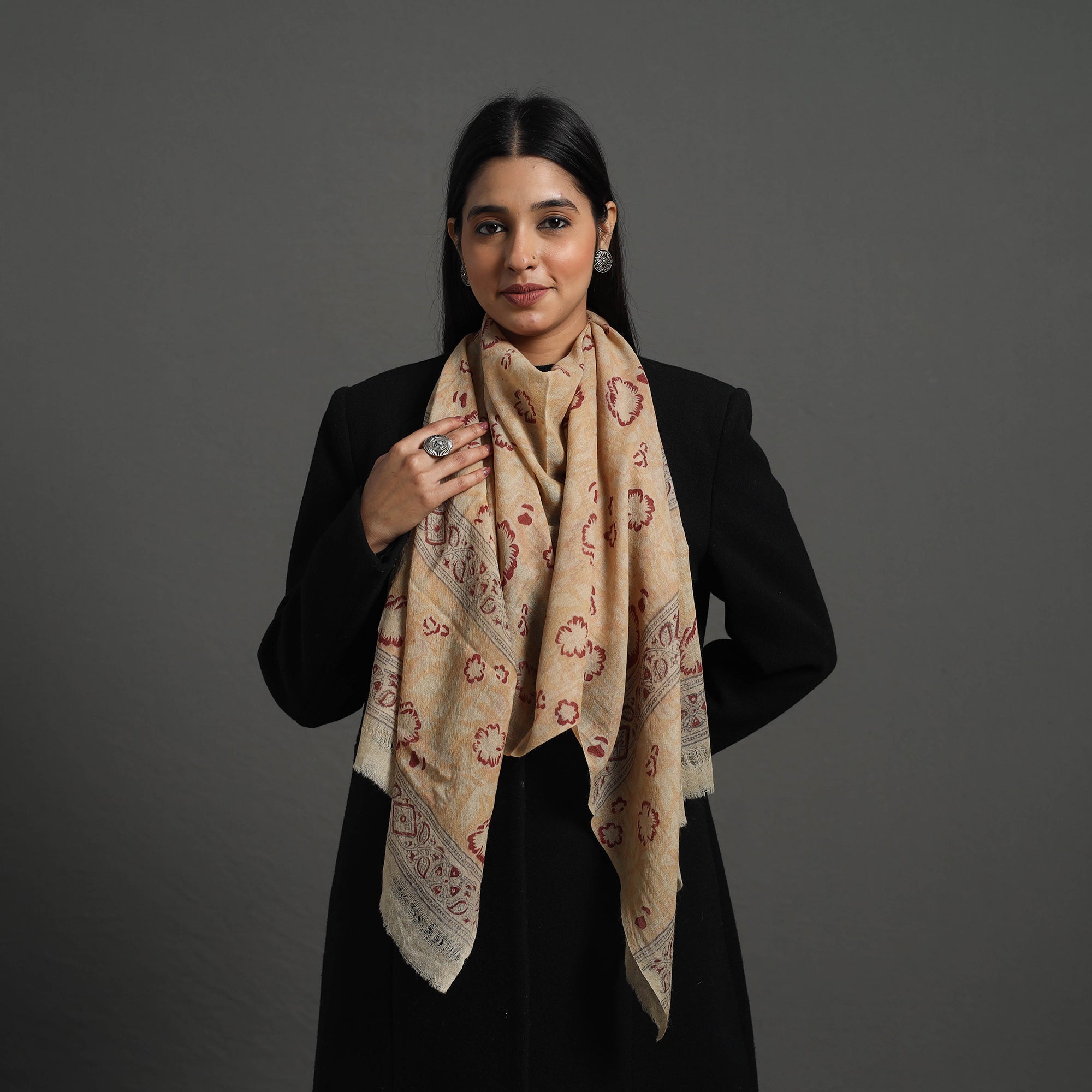 PITCHUKA SRINIVAS KALAMKARI PEDANA Beige - Block Print Pedana Kalamkari Wool Stole 24