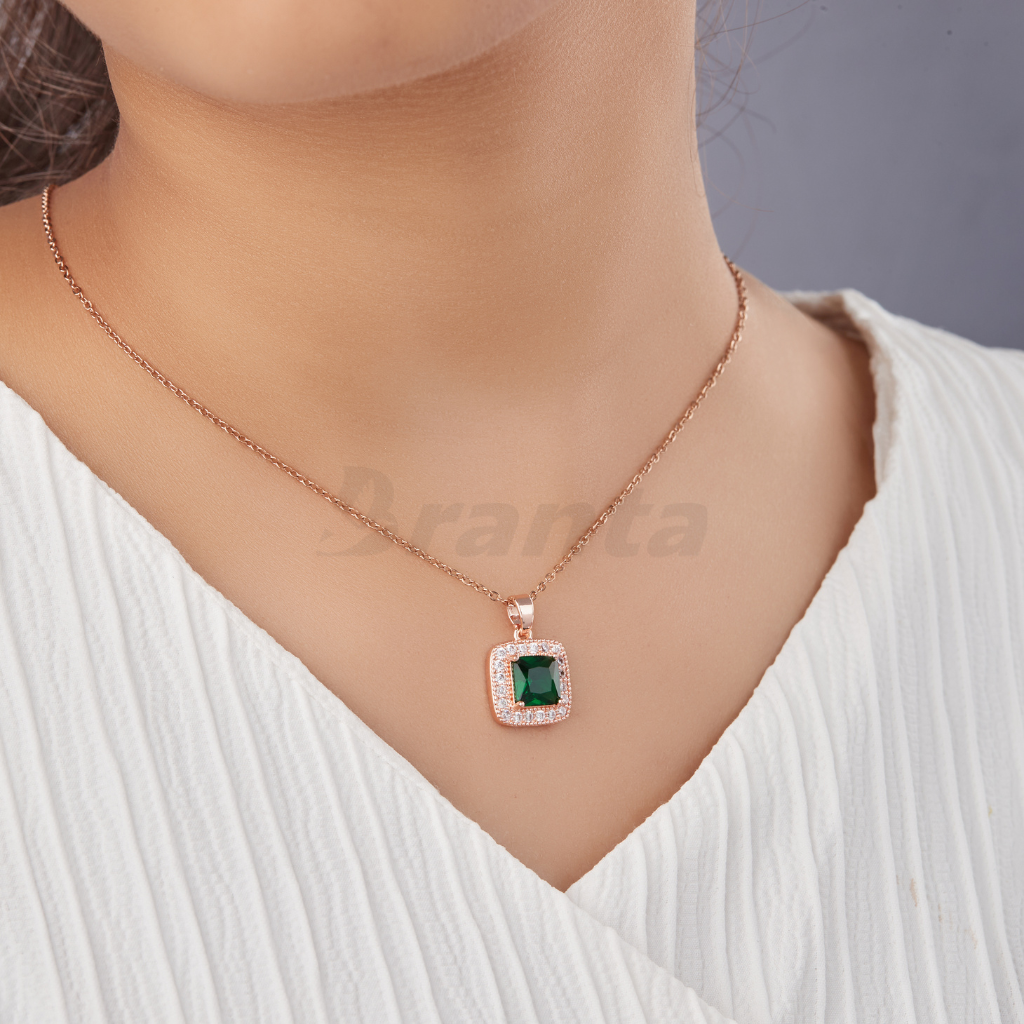 Branta Green Square Crystal Pendant Rose Gold Necklace For Women