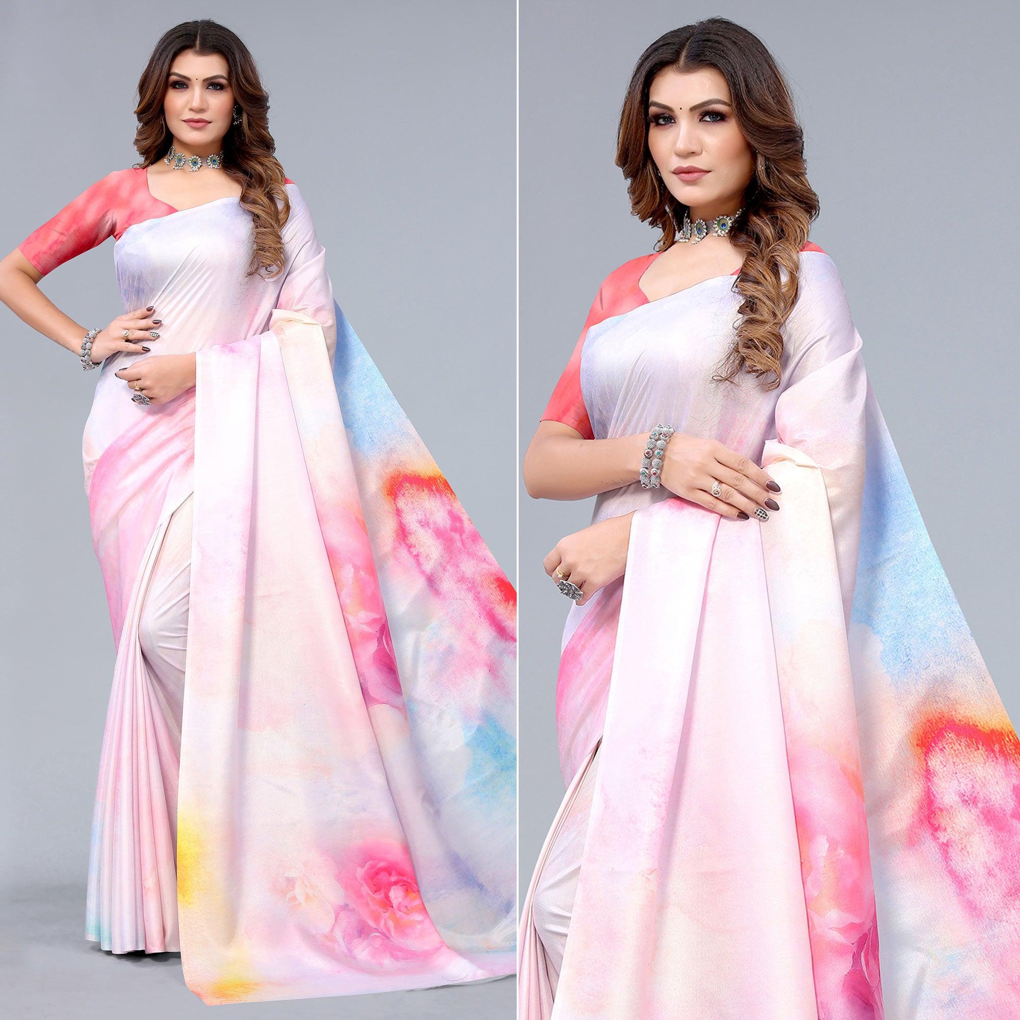 Peachmode Light Pink Digital Printed Dola Silk Saree