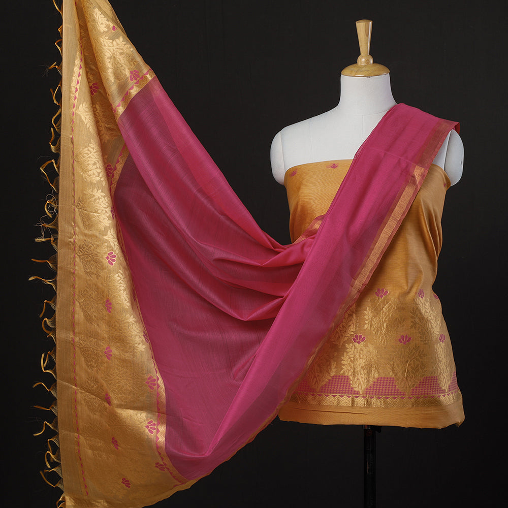 CHUTNEY CRAFT STUDIO Beige - 3pc Handloom Silk Cotton Zari Suit Material Set