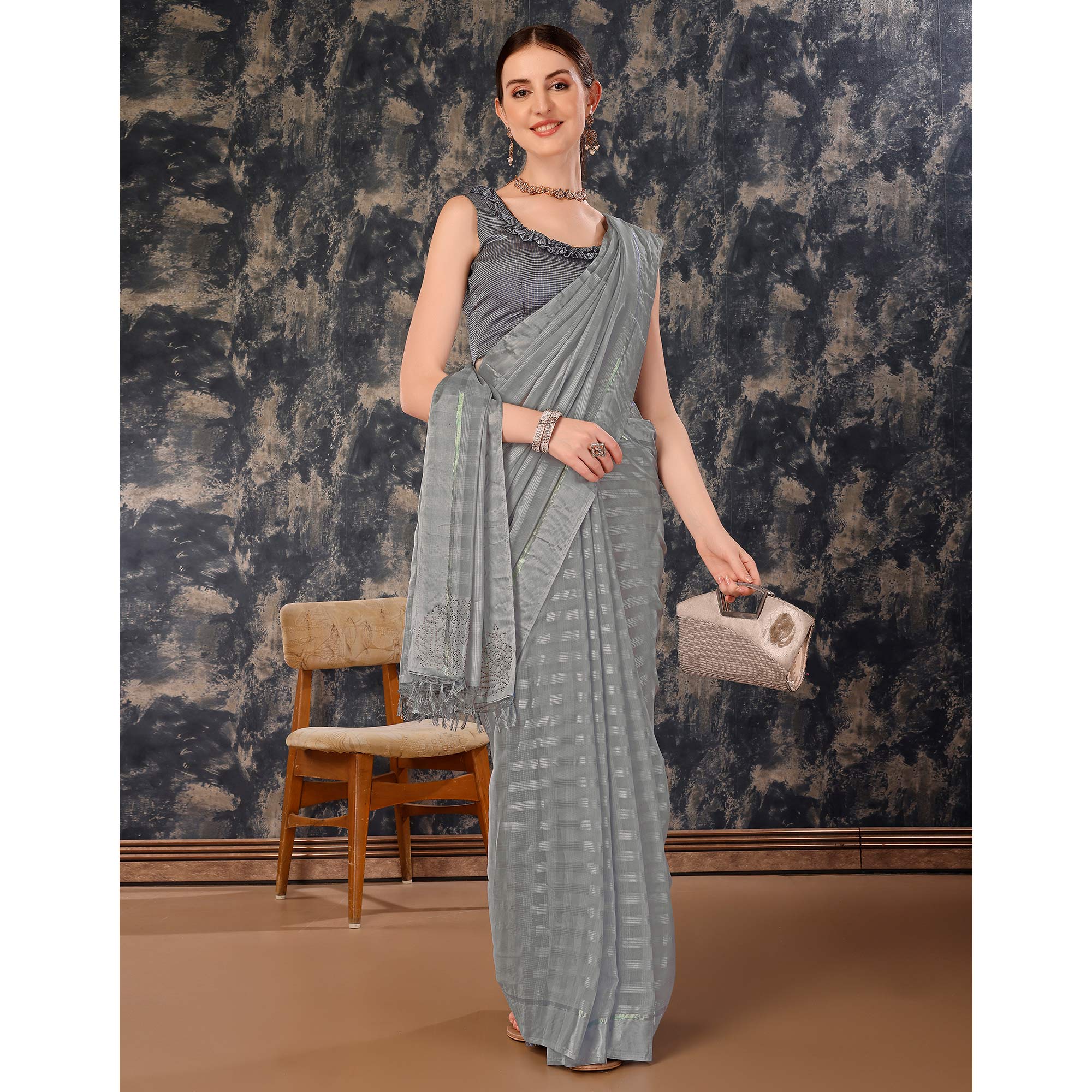 Peachmode Grey Swarovski Work Chiffon Saree With Tassels - view 5