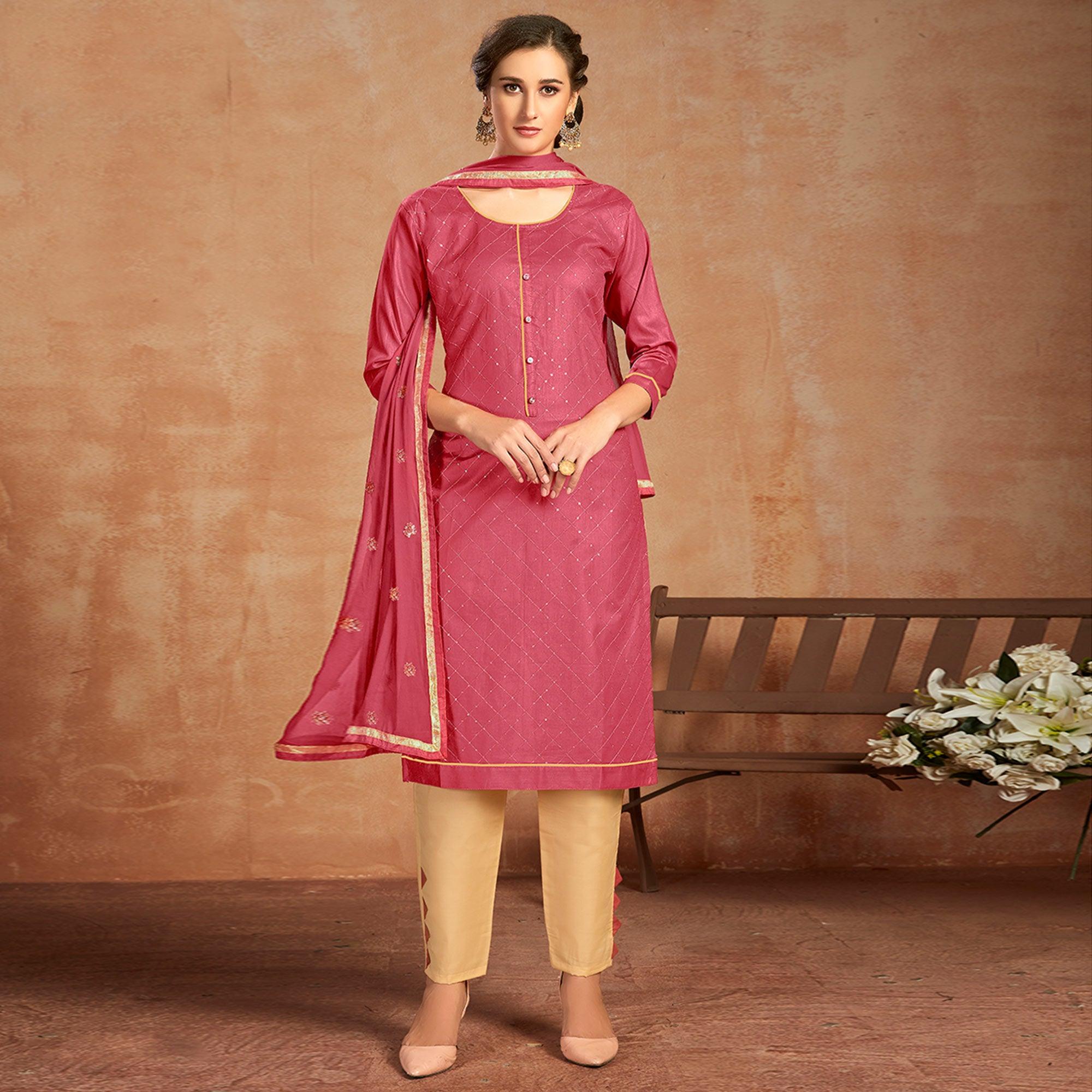 Peachmode Ethnic Pink Colored Partywear Embroidered Pure Cotton Dress Material