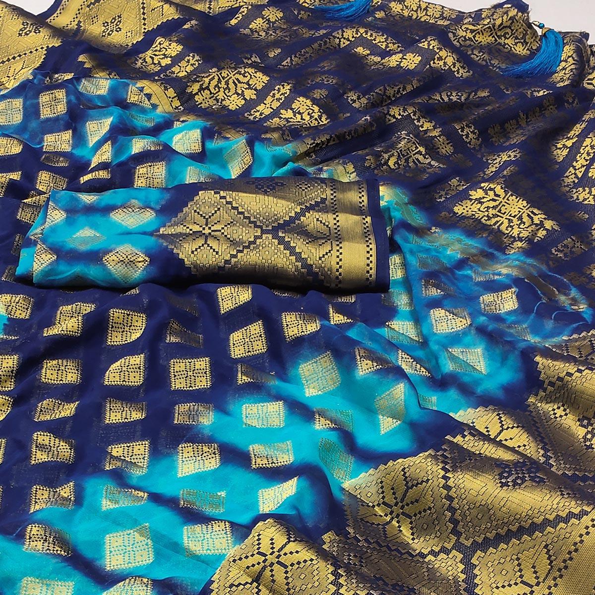 Peachmode Blue Woven Jacquard Saree With Tassels - view 2