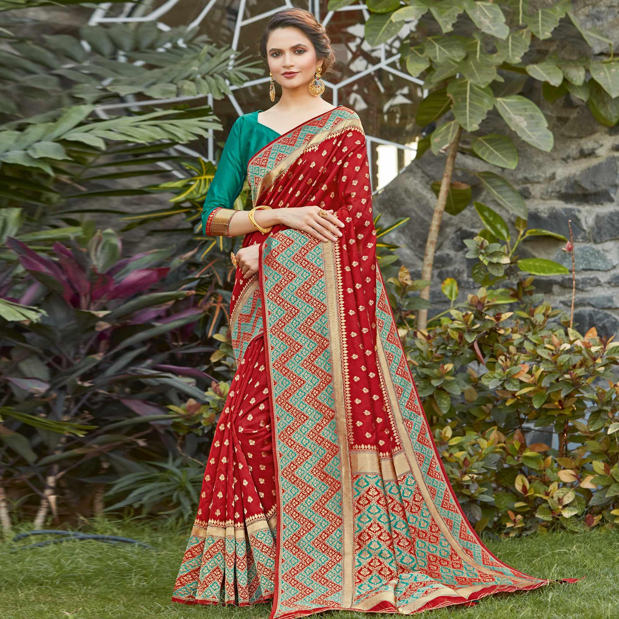 Peachmode Desirable Maroon Colored Festive Wear Woven Silk Saree
