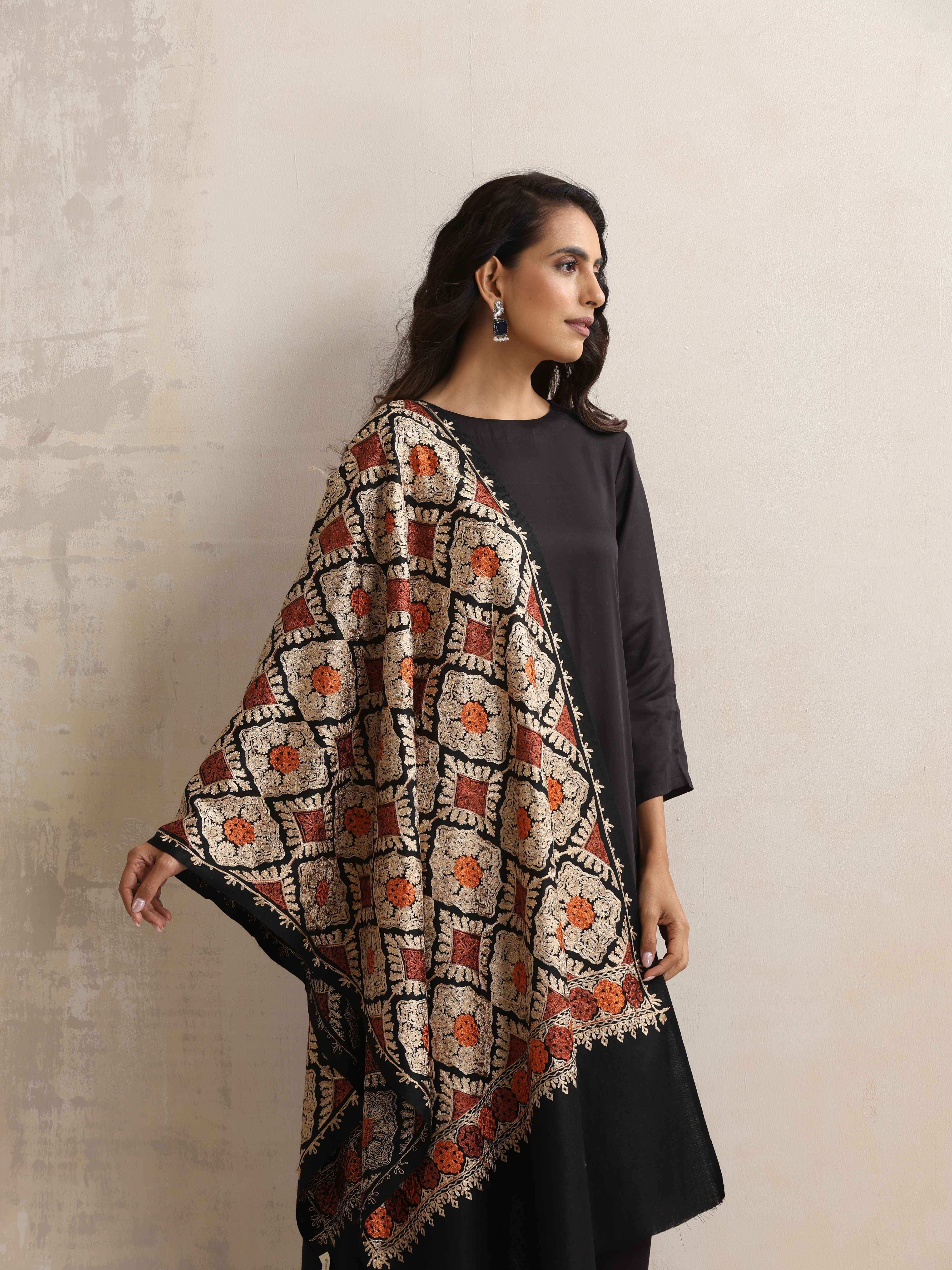 trueBrowns Black Embroidered Woollen Stole - view 2