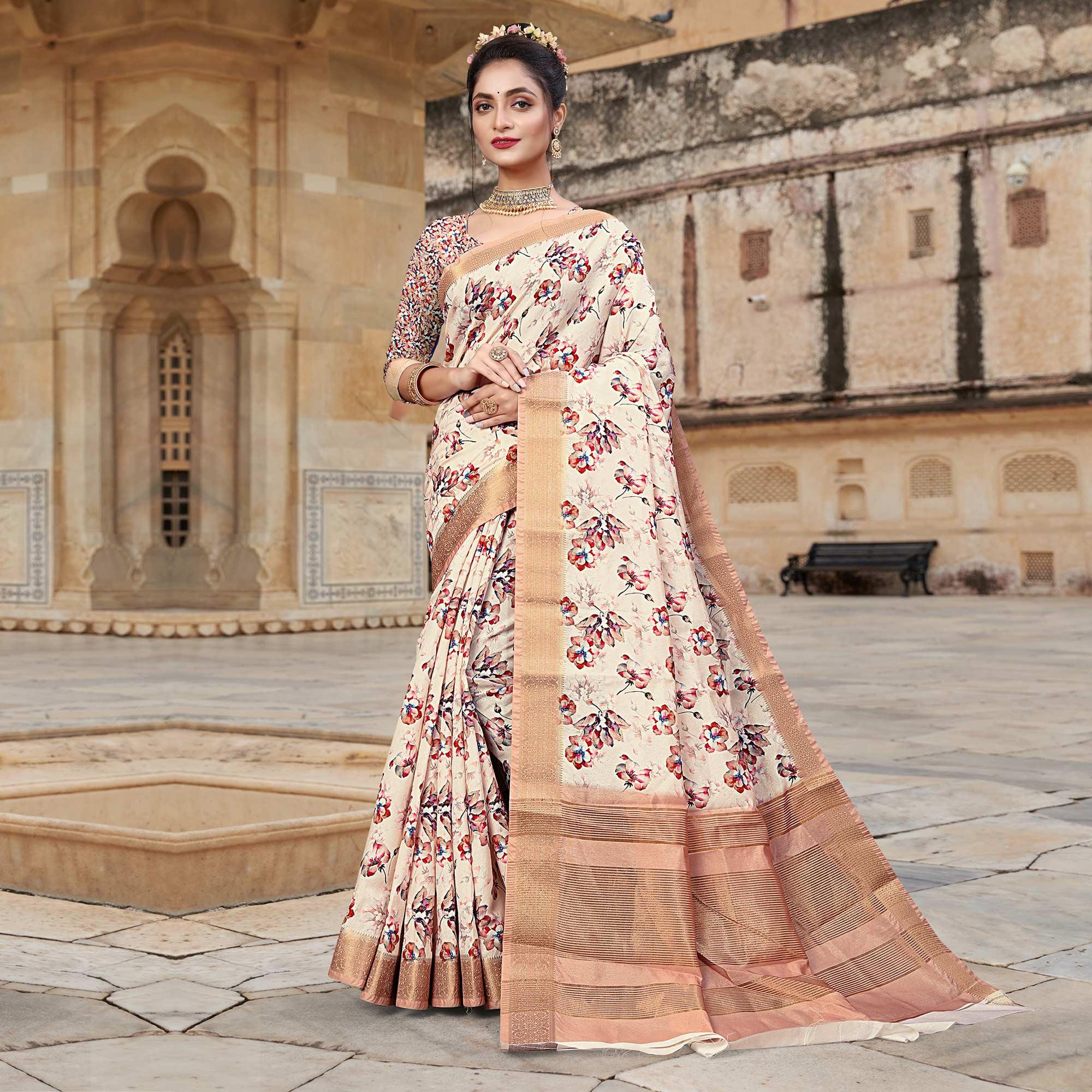 Peachmode Cream Digital Printed Dola Silk Saree - view 2