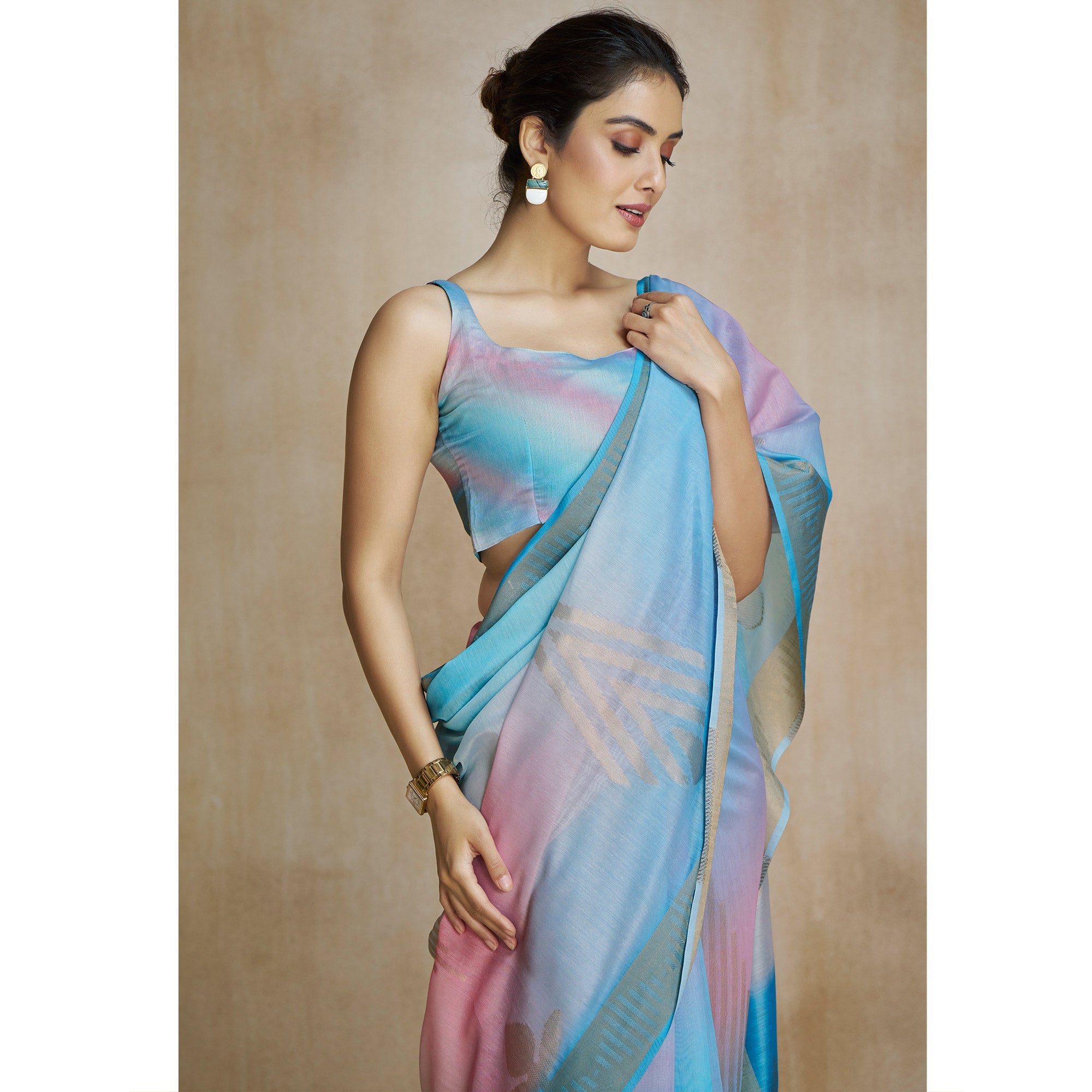 Peachmode Blue Digital Printed With Woven Pure Silk Ombre Saree - view 6