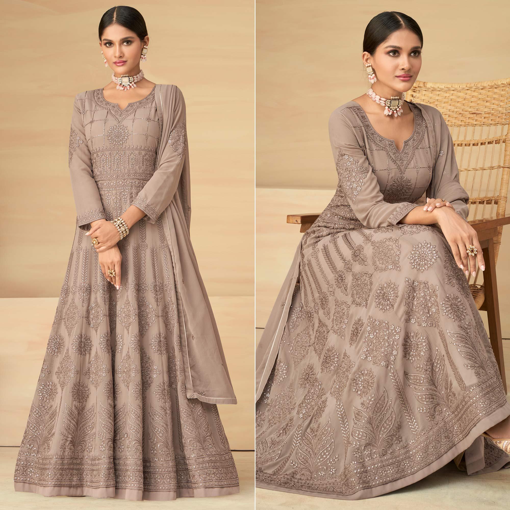 Peachmode Seller Coffee Embroidery With Embellished Work Georgette Partywear Gown