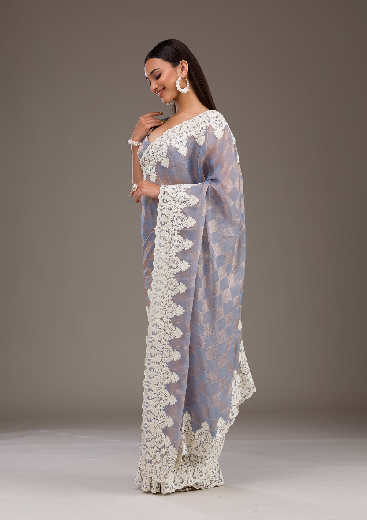 Koskii Grey Pearlwork Tissue Saree – Women's - view 7