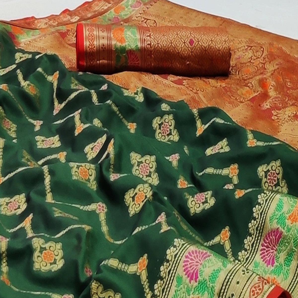 Peachmode Bottle Green Festive Wear Floral Woven Soft Silk Saree With Jacquard Border - view 2