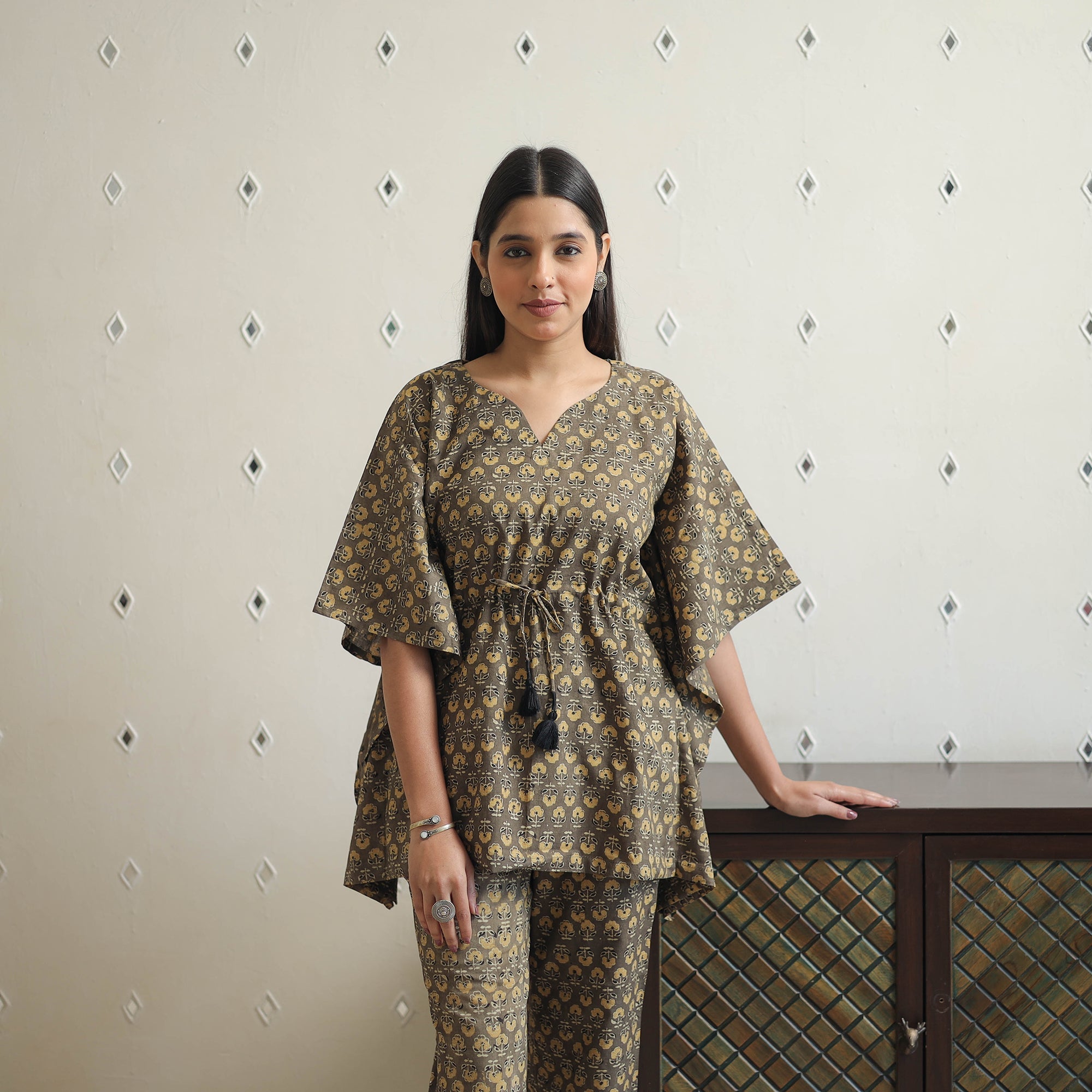 ITOKRI CASUALS Brown - Block Printed Cotton Kaftan Ajrakh Co-ord Set 14