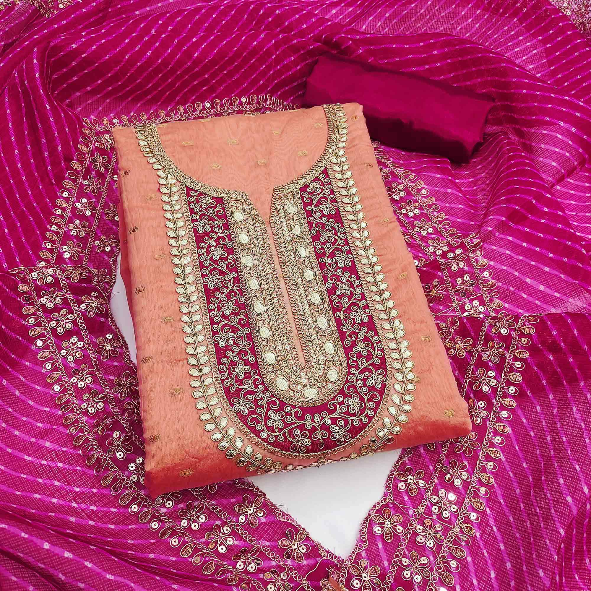 Peachmode Peach Woven With Sequins Embroidered Modal Chanderi Silk Dress Material