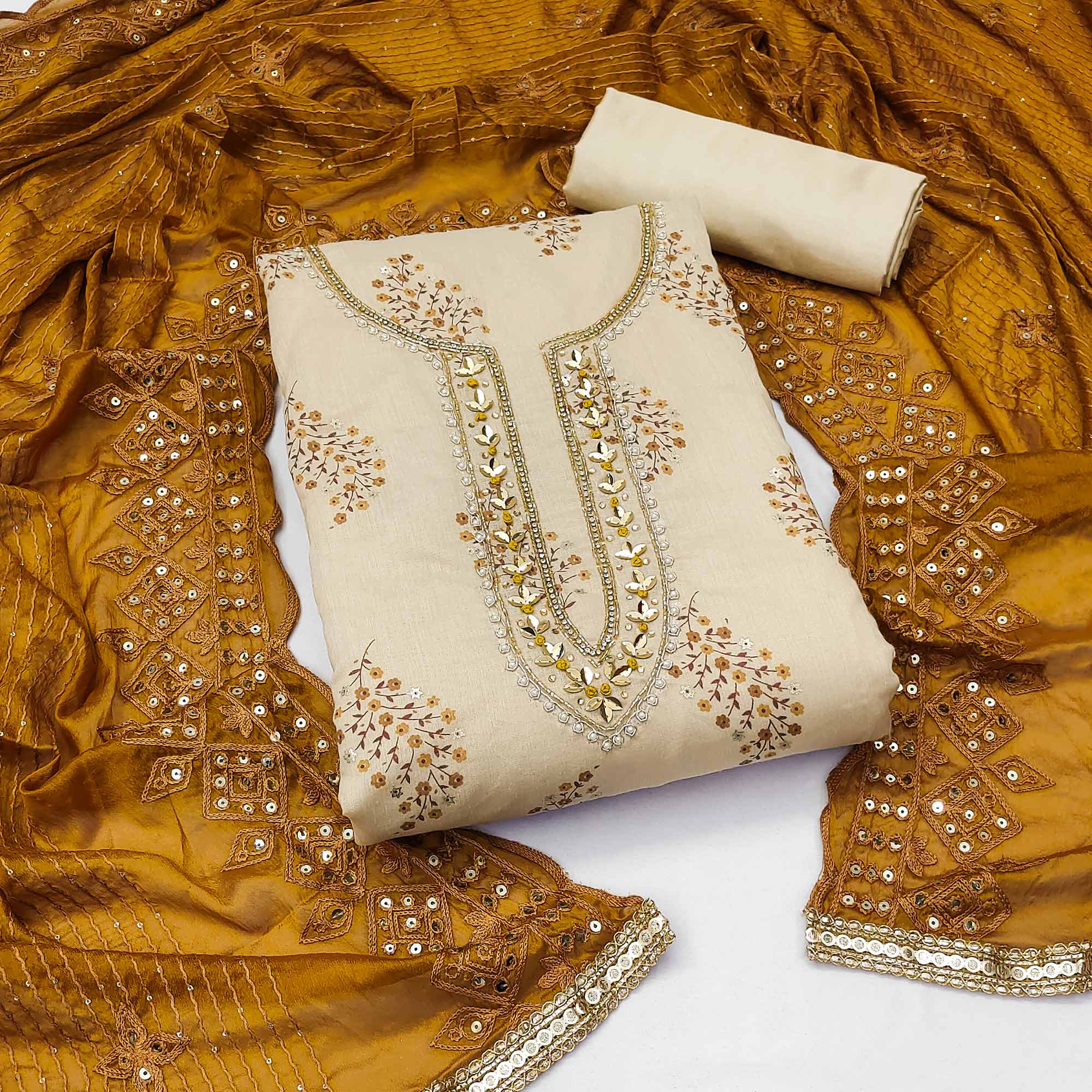 Peachmode Chikoo Printed With Handwork Modal Dress Material