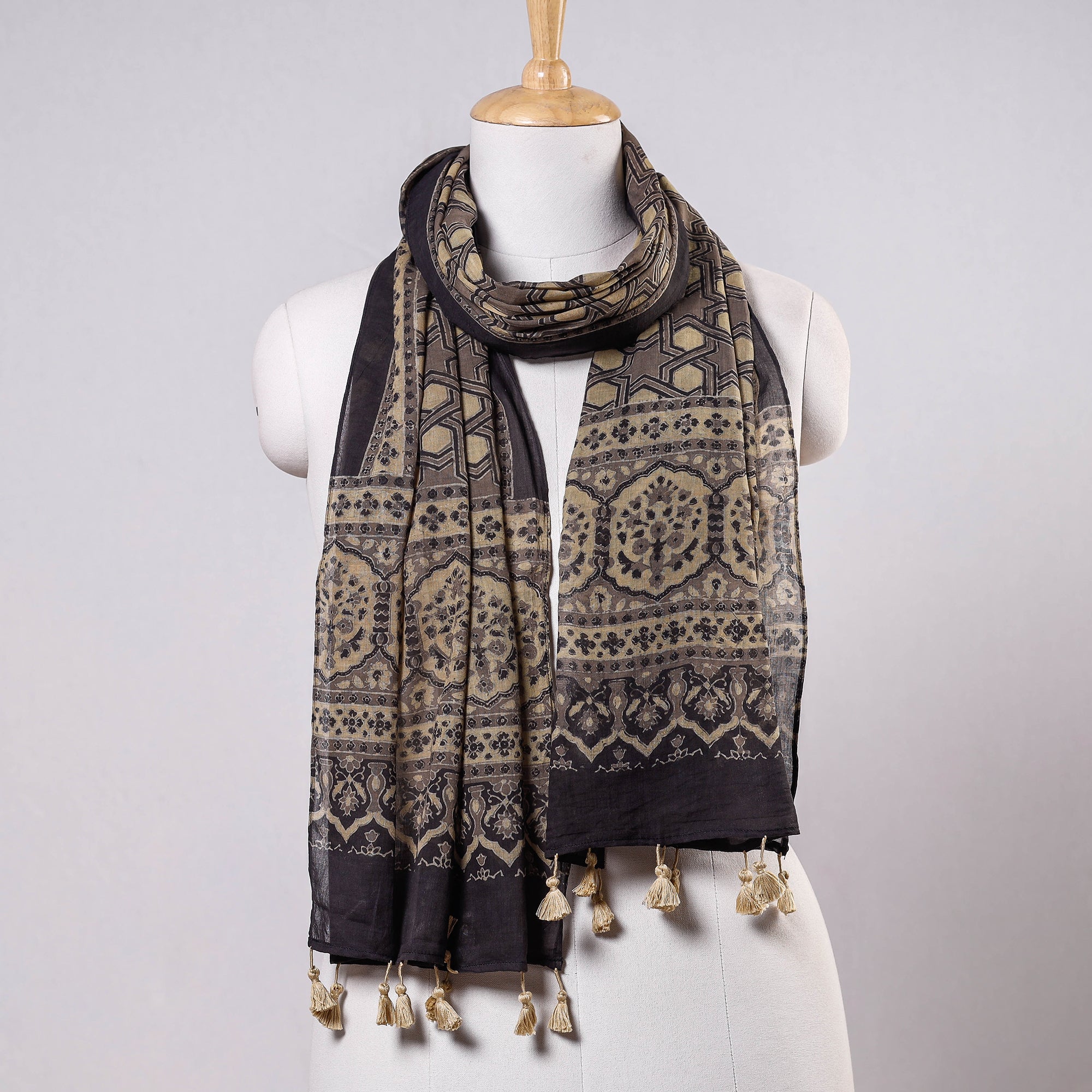 AJRAKH BY SUFIYAN ISMAIL KHATRI Brown - Ajrakh Block Printed Mul Cotton Stole With Tassels