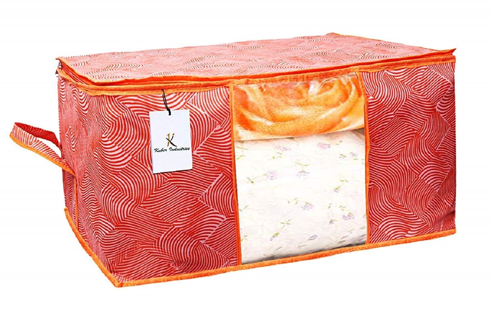 Kuber Industries Leheriya Printed 2 Piece Non Woven Fabric Underbed Storage Bag,Cloth Organiser,Blanket Cover with Transparent Window, Orange & Blue - - view 3