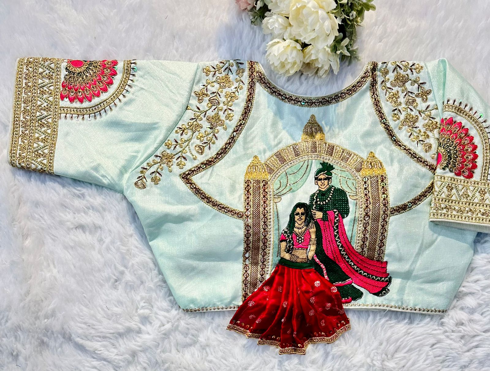ClothsVilla Sky Blue Wedding Wear Blouse in Raspberry Silk with Exquisite Embroidery and Sequins