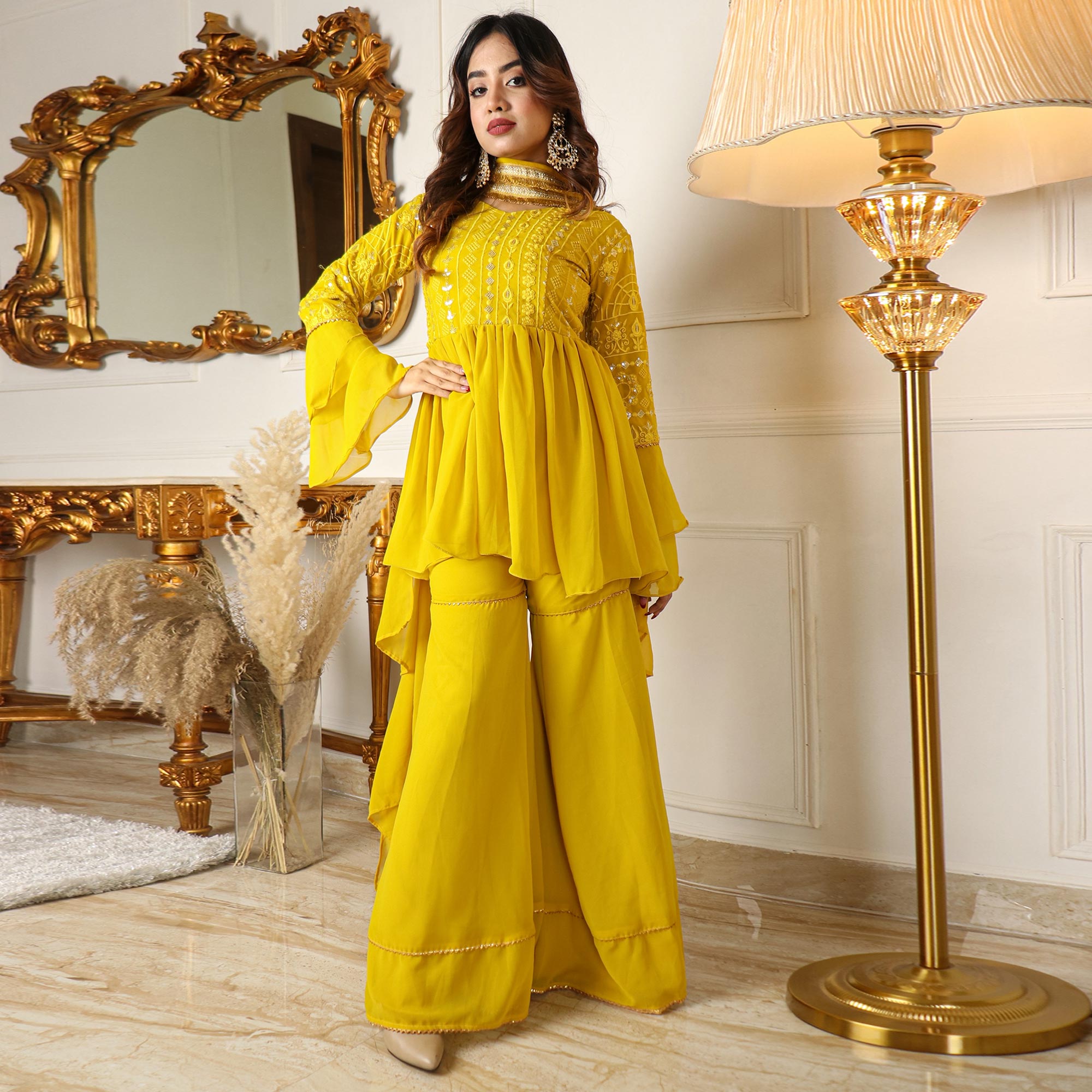 Peachmode Seller Lemon Yellow Sequins Embroidered Georgette Sharara Suit - view 2