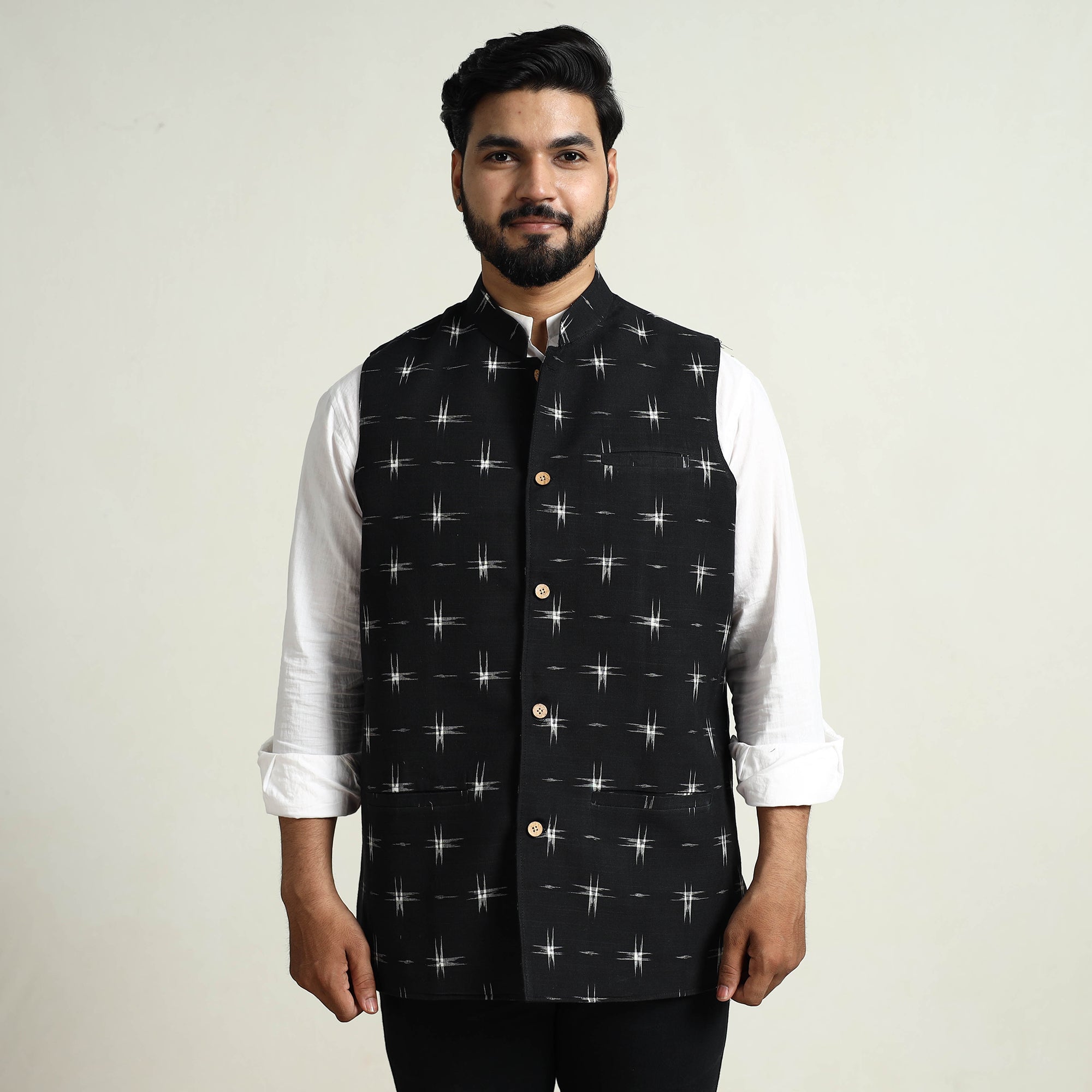 ITOKRI CASUALS Black - Pochampally Double Ikat Handloom Cotton Men Nehru Jacket 04 - view 4