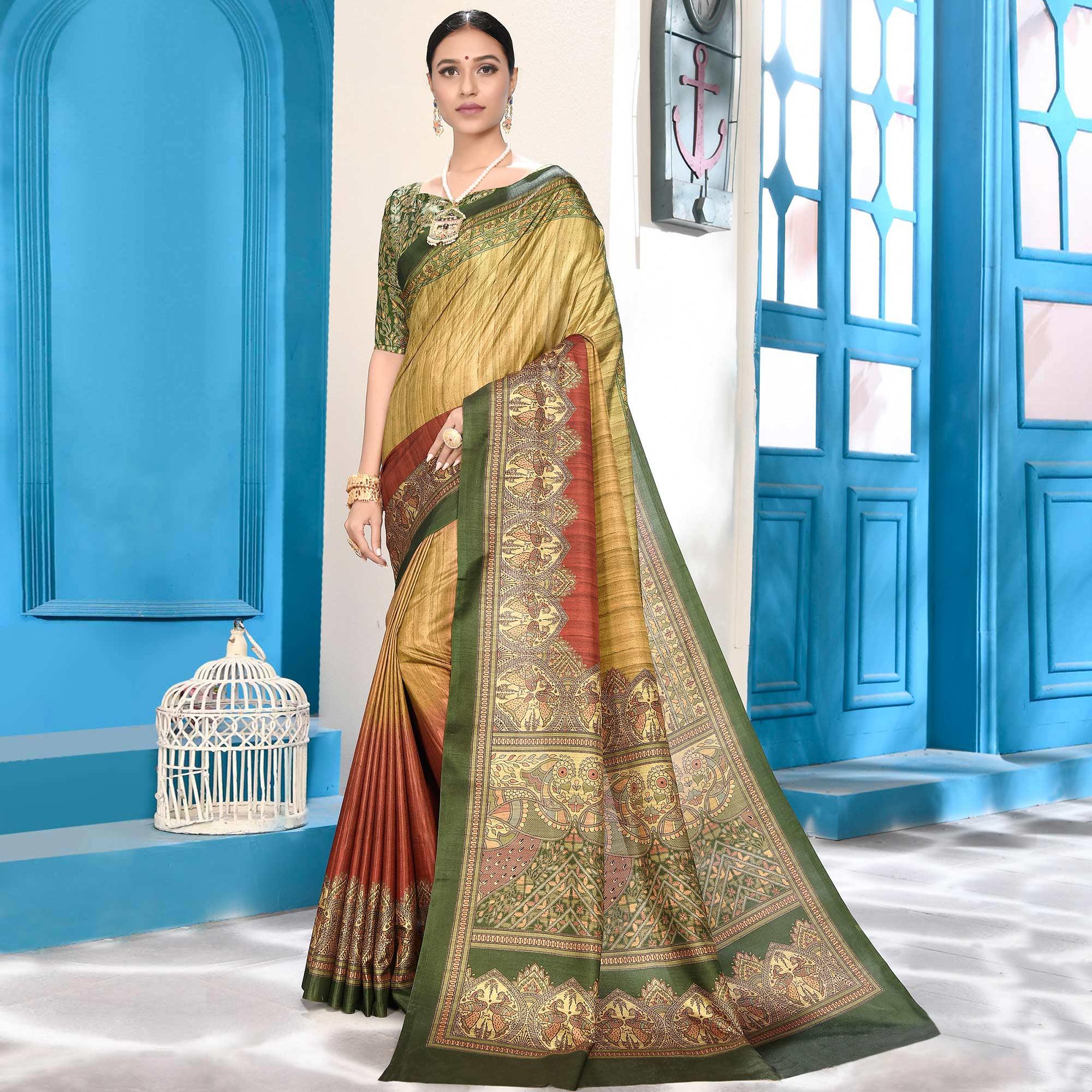 Peachmode Delightful Yellow-Multi Colored Casual Wear Digital Printed Art Silk Saree