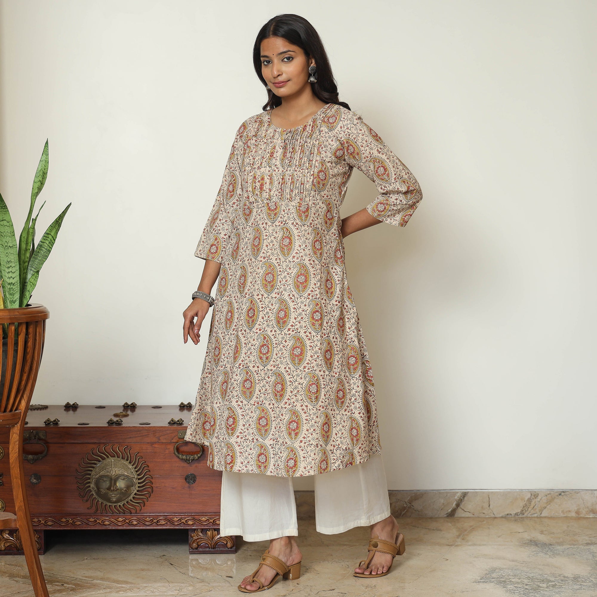 ITOKRI CASUALS Beige - Pedana Kalamkari Hand Block Printed Cotton Pintuck A-Line Kurta 57 - view 7