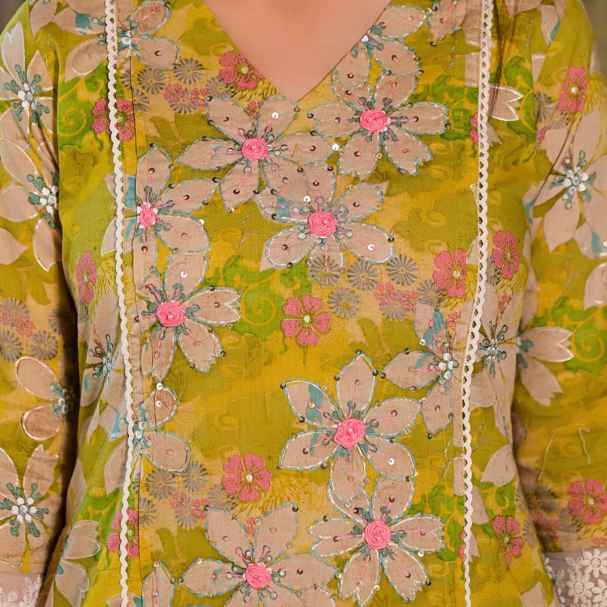 Peachmode Dark Lemon Green Floral Printed Giza Cotton Maxi Dress - view 3