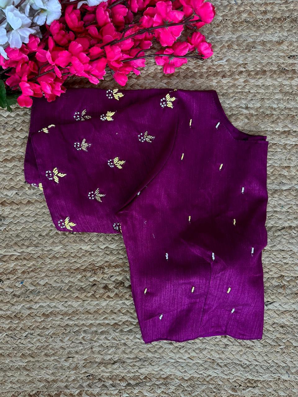 ClothsVilla Purple Pearl-Embellished german silk Blouse with Handcrafted Golden Work - view 2
