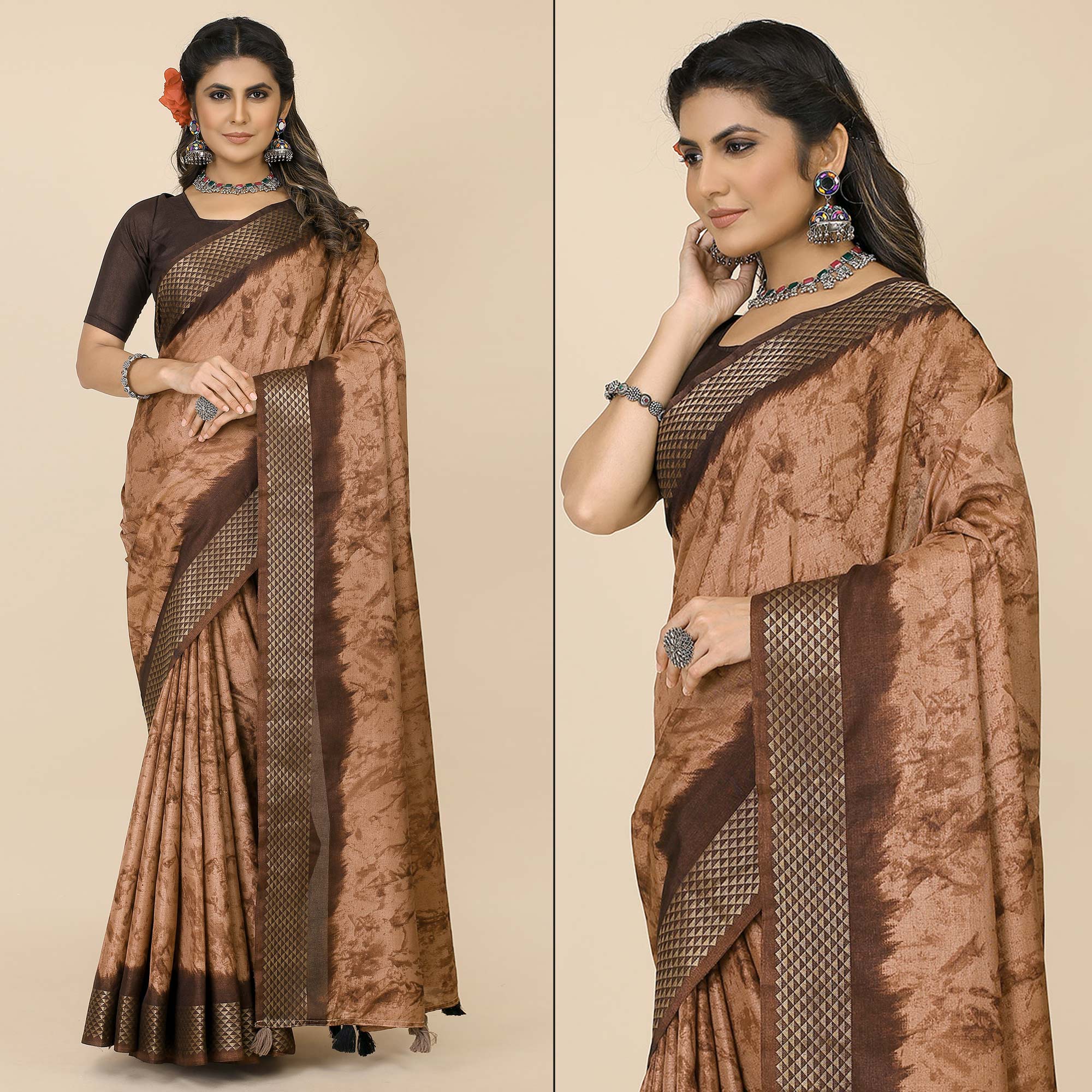 Peachmode Coffee Brown Printed Cotton Silk Saree With Zari Border