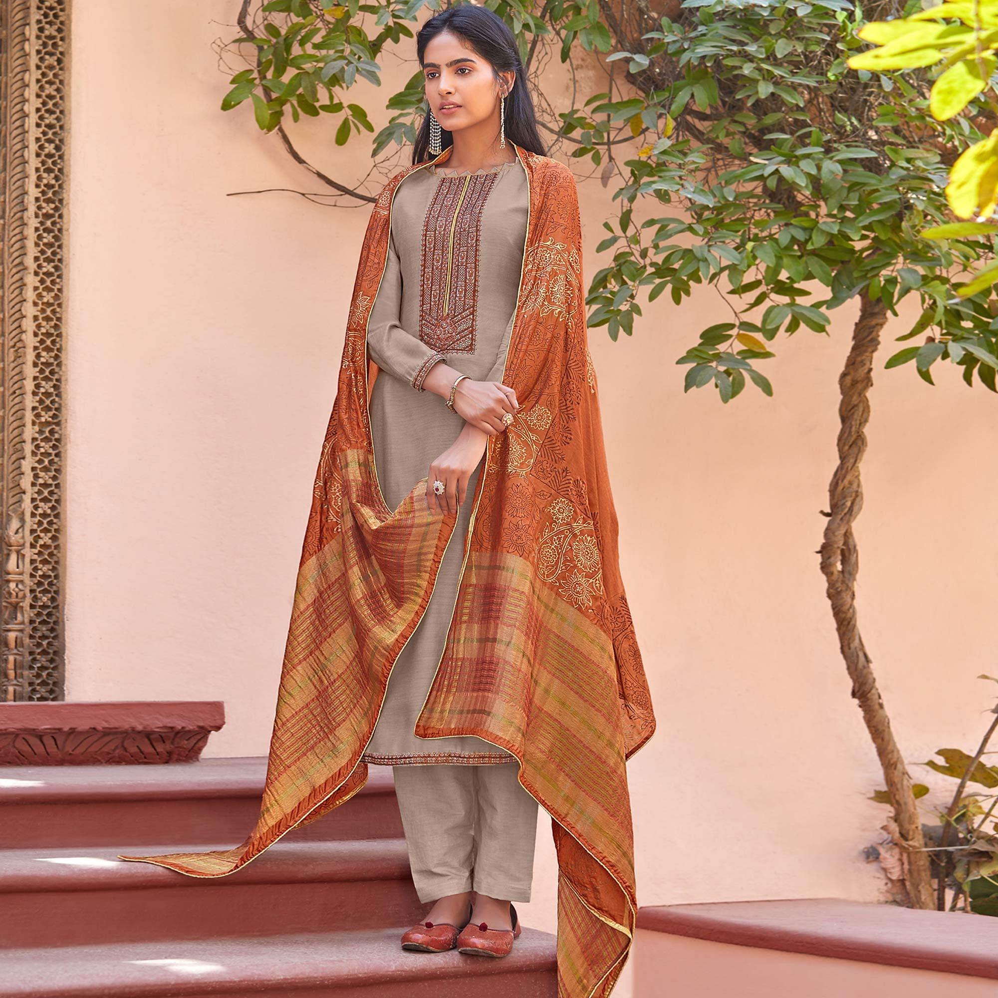 Peachmode Light Gray Festive Wear Embroidered Viscose Cotton Silk Salwar Suit