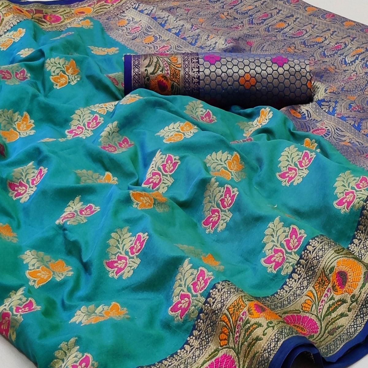 Peachmode Firoji Festive Wear Floral Woven Soft Silk Saree - view 2