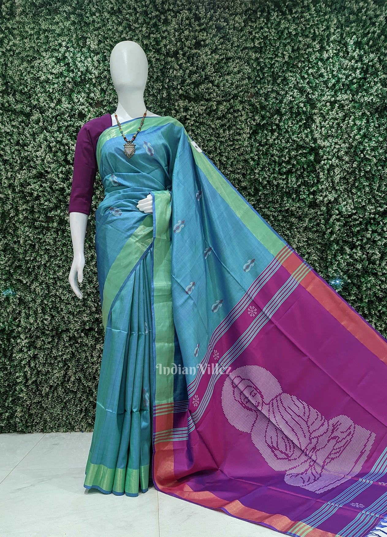 IndianVillèz Light Blue Pink Bishnupuri Silk Saree with Budha Tissue Anchal