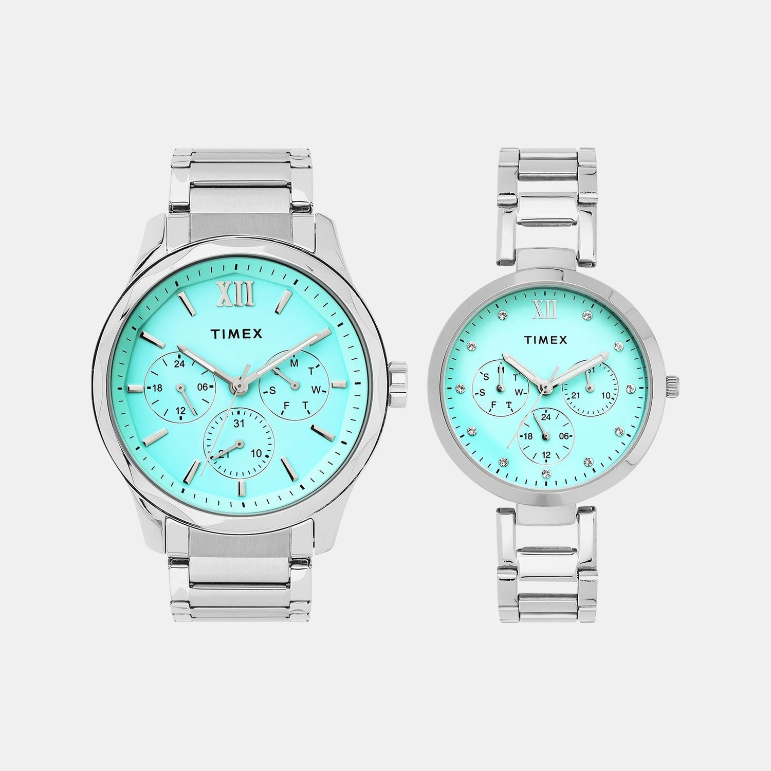Timex Fashion Couple Quartz Tiffany Blue Dial Multi-Function Stainless Steel Watch TW00PR326