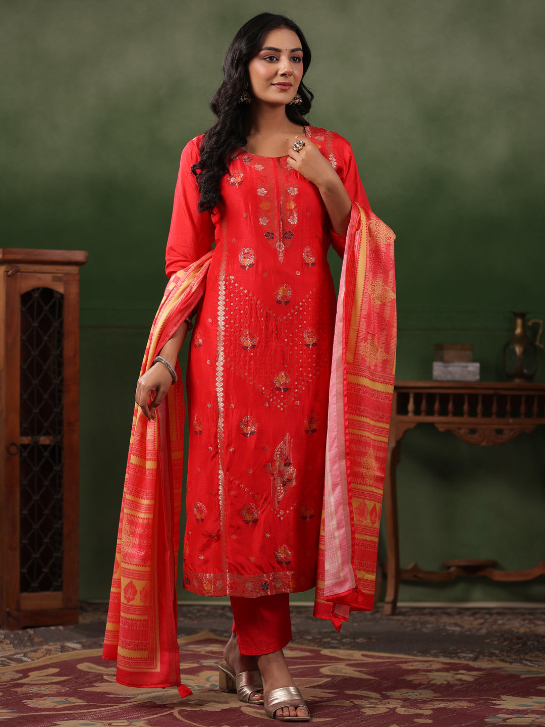 Fashor Ethnic Jacquard Straight Fit Kurta with Pant & Printed Dupatta - Coral Red - view 6