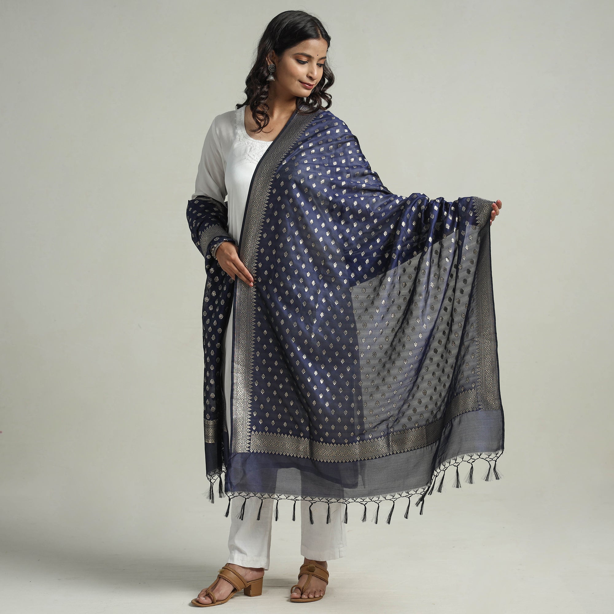 BANARASI BY MAQBUL HASAN Blue - Banarasi Semi Silk Zari Jaal Dupatta with Tassels 08