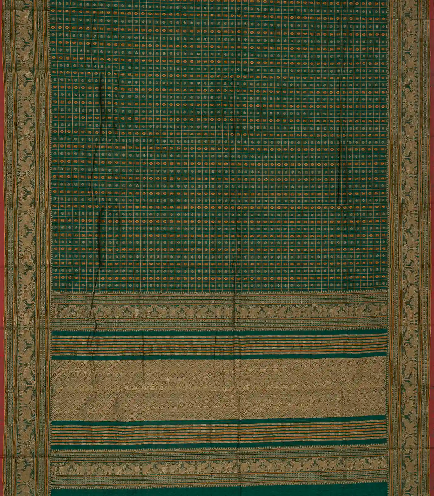 RmKV Dark Green Handloom Kanchi Cotton Saree With Checks & Chakaram Motifs. - view 2