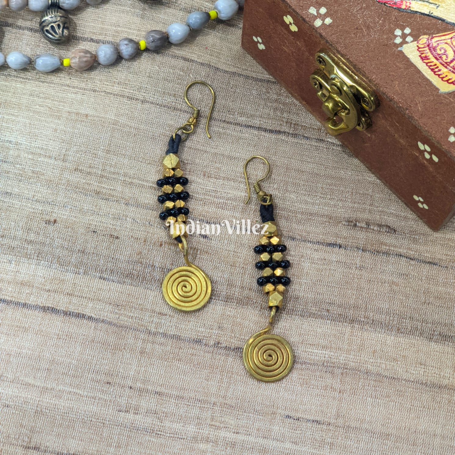 IndianVillèz Handmade Long Circular Dokra Brass Earrings