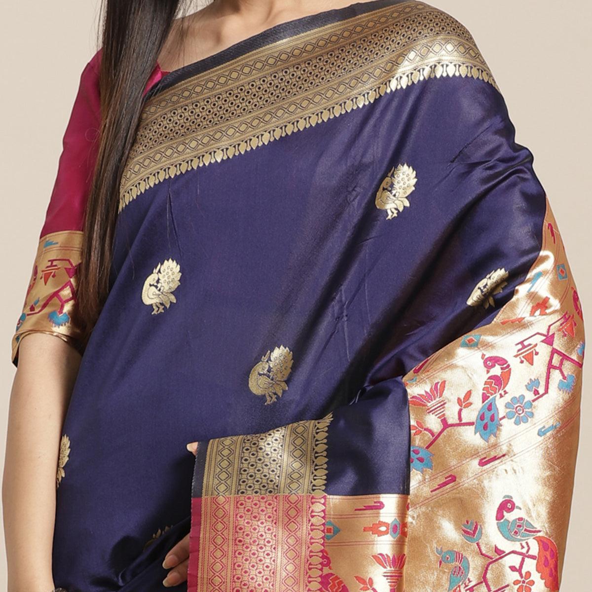 Peachmode Majesty Navy Blue Colored Festive Wear Woven Silk Blend Saree - view 3