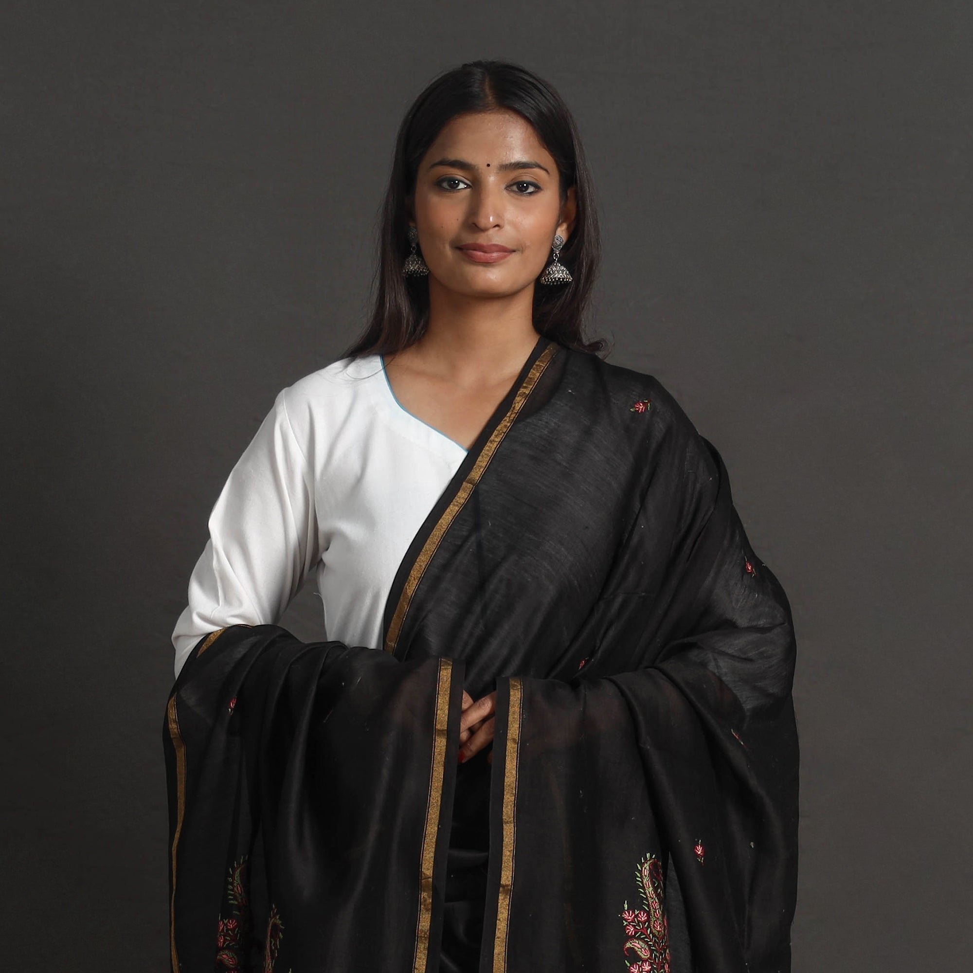 ITOKRI CRAFTS INITIATIVE Black - Handloom Chanderi Silk Kashida Embroidery Dupatta 09 - view 3