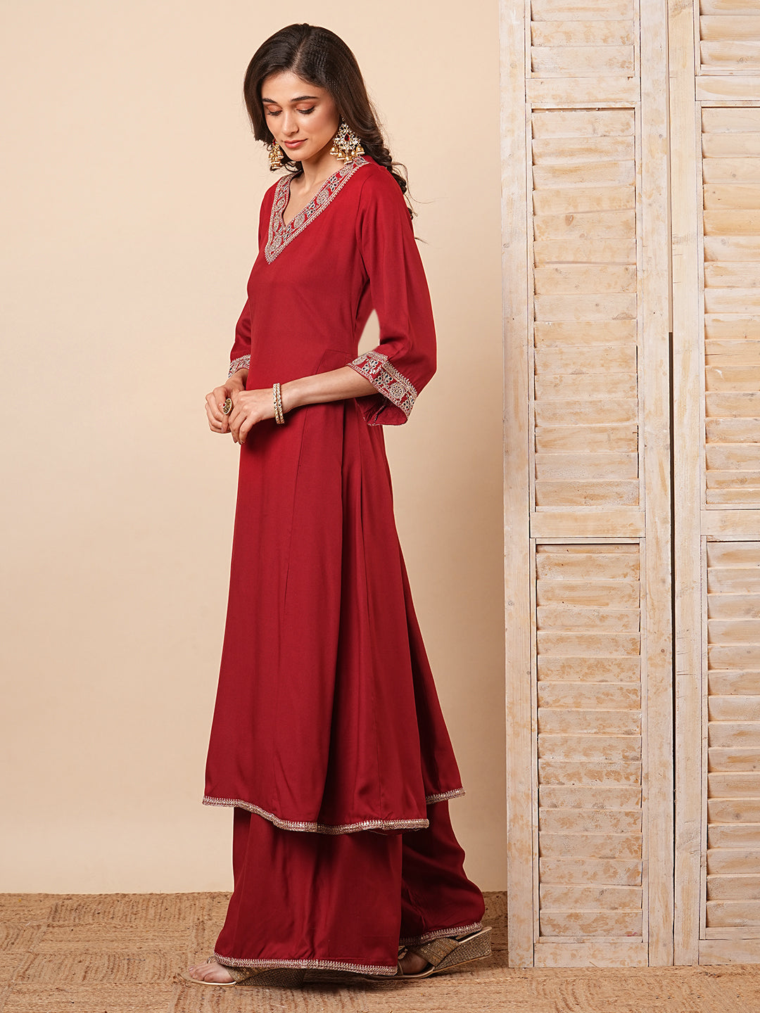 Fashor Solid Floral Embroidered Anarkali Kurta with Flared Palazzo- Maroon - view 4