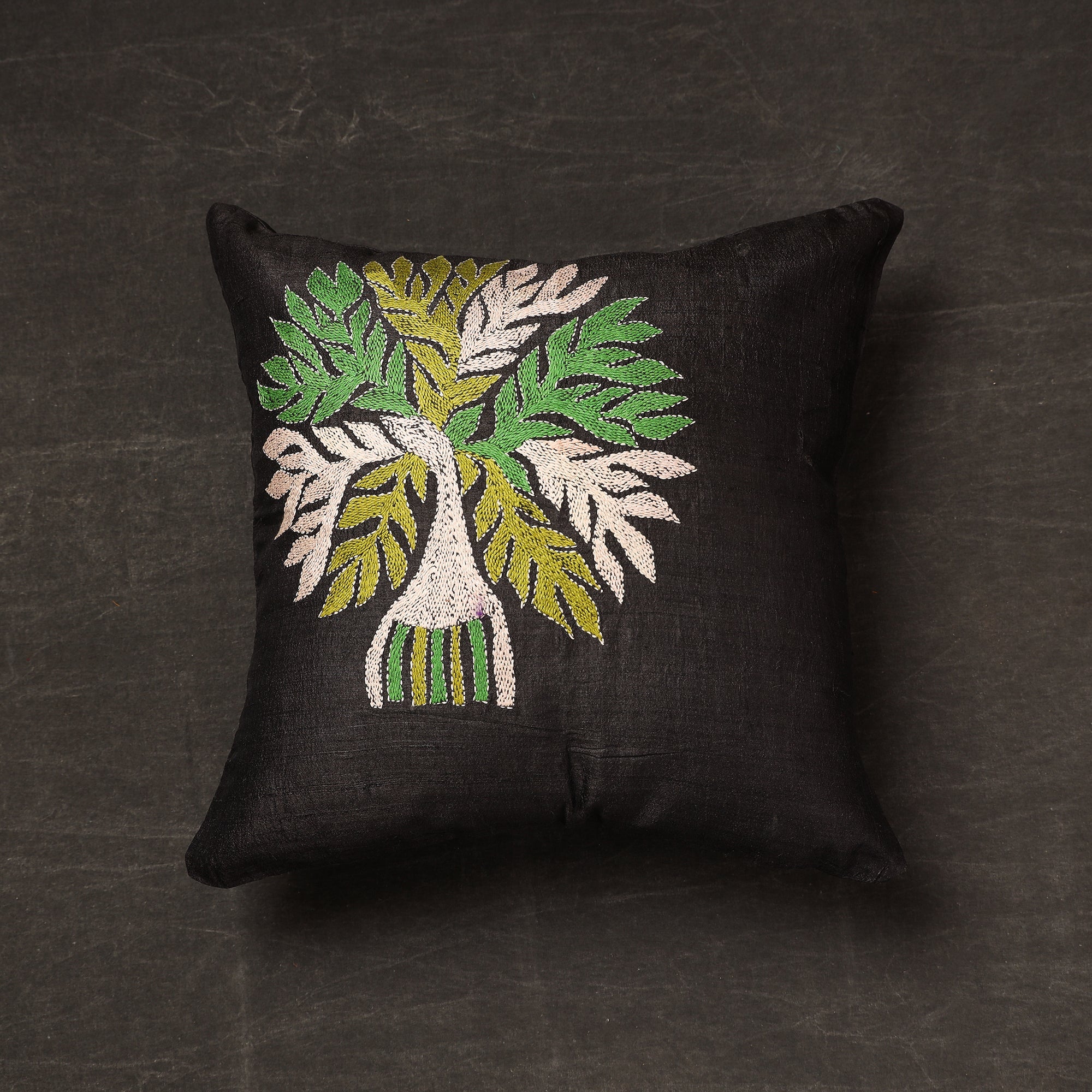 KHUSHBASH - HAPPY LOOM OF EAST Black - Bengal Kantha Embroidery Tussar Silk Cushion Cover (16 x 16 in) 16