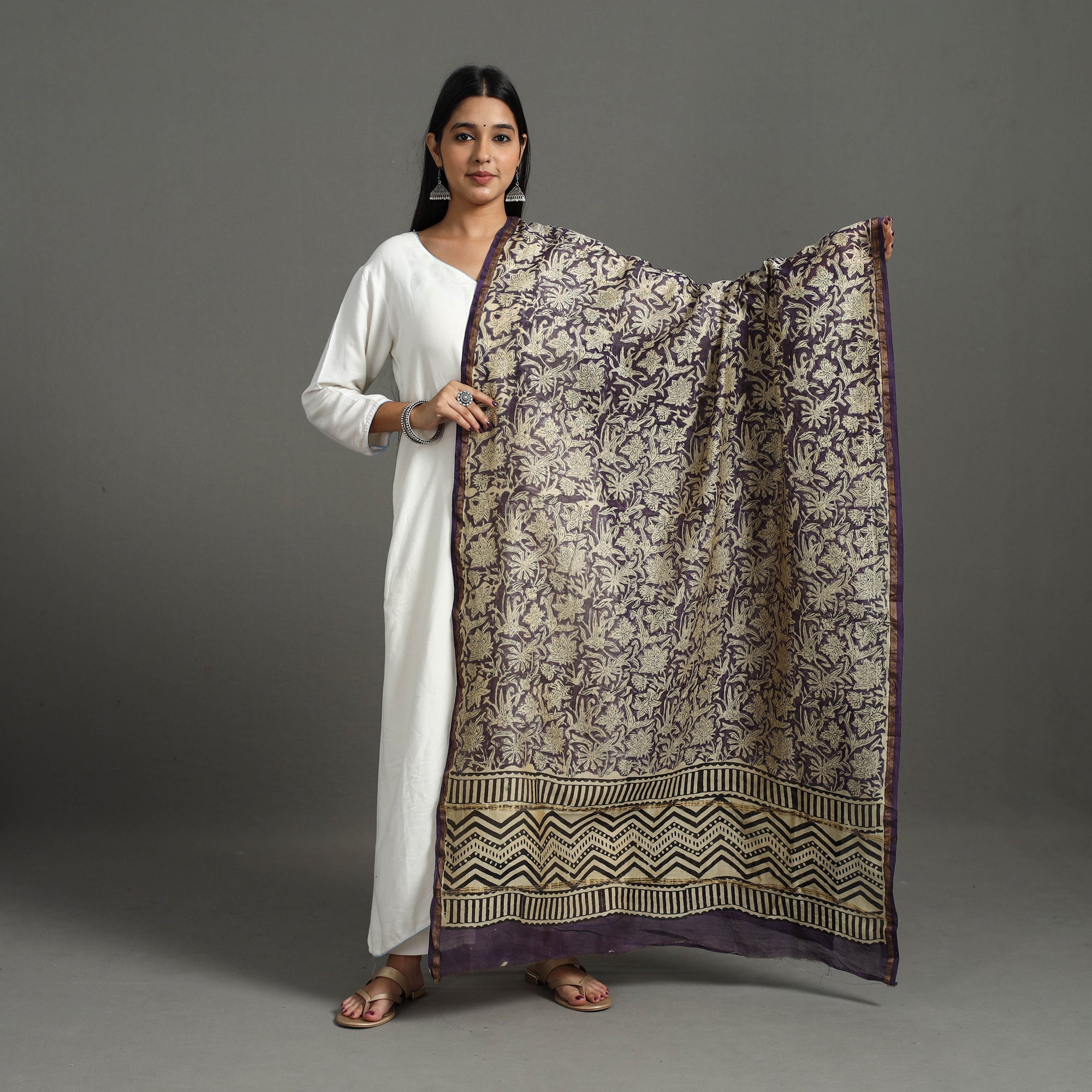 ARTISAN HAND BLOCK PRINTS Beige - Block Printed Chanderi Silk Sanganeri Dupatta 19