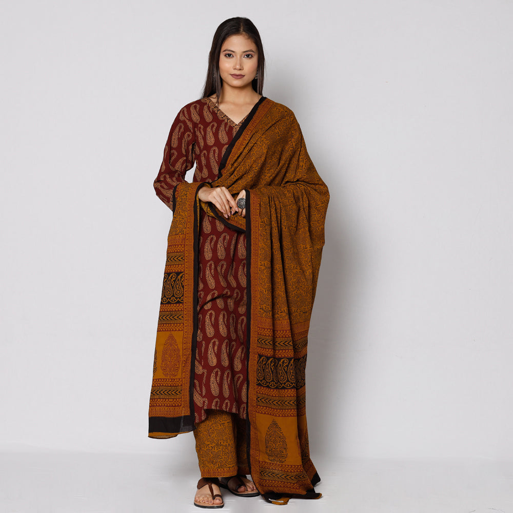 ITOKRI CASUALS Brown - Bagh Block Printing Cotton Kurta with Palazzo & Dupatta Set - view 3