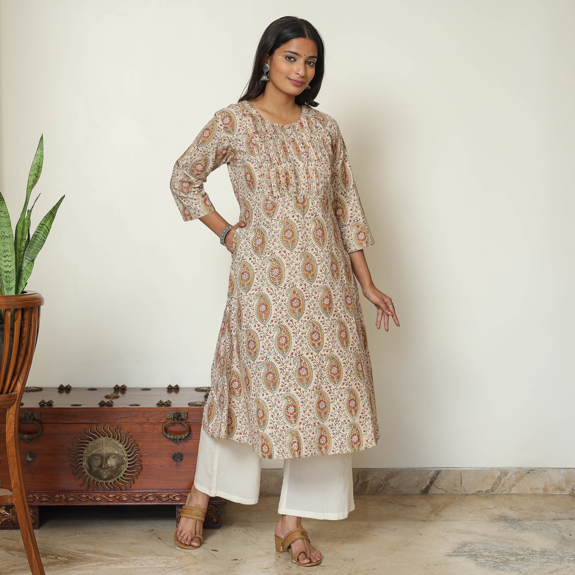 ITOKRI CASUALS Beige - Pedana Kalamkari Hand Block Printed Cotton Pintuck A-Line Kurta 57 - view 3