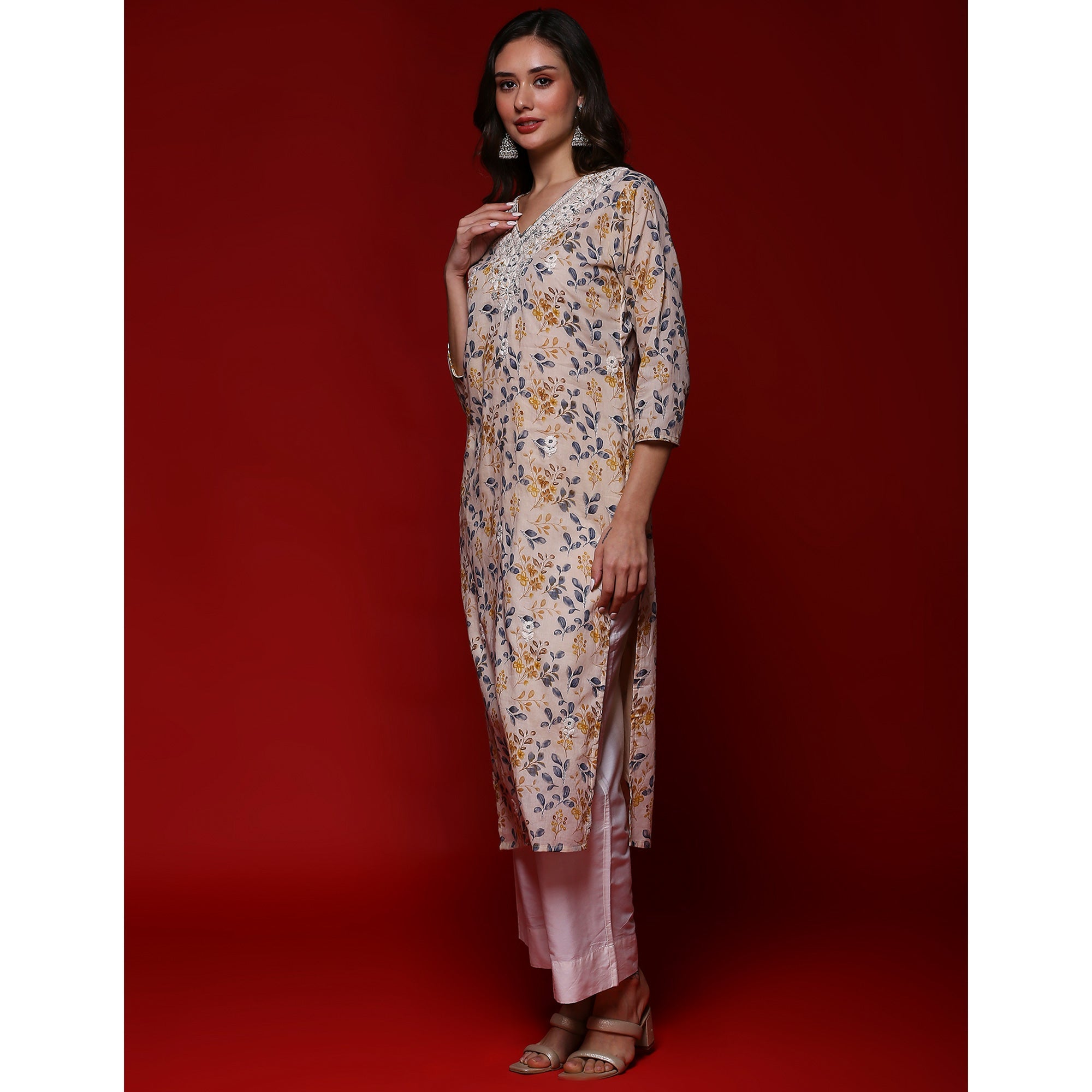 Peachmode Chikoo Floral Printed Mulmul Cotton Straight Kurti - view 5
