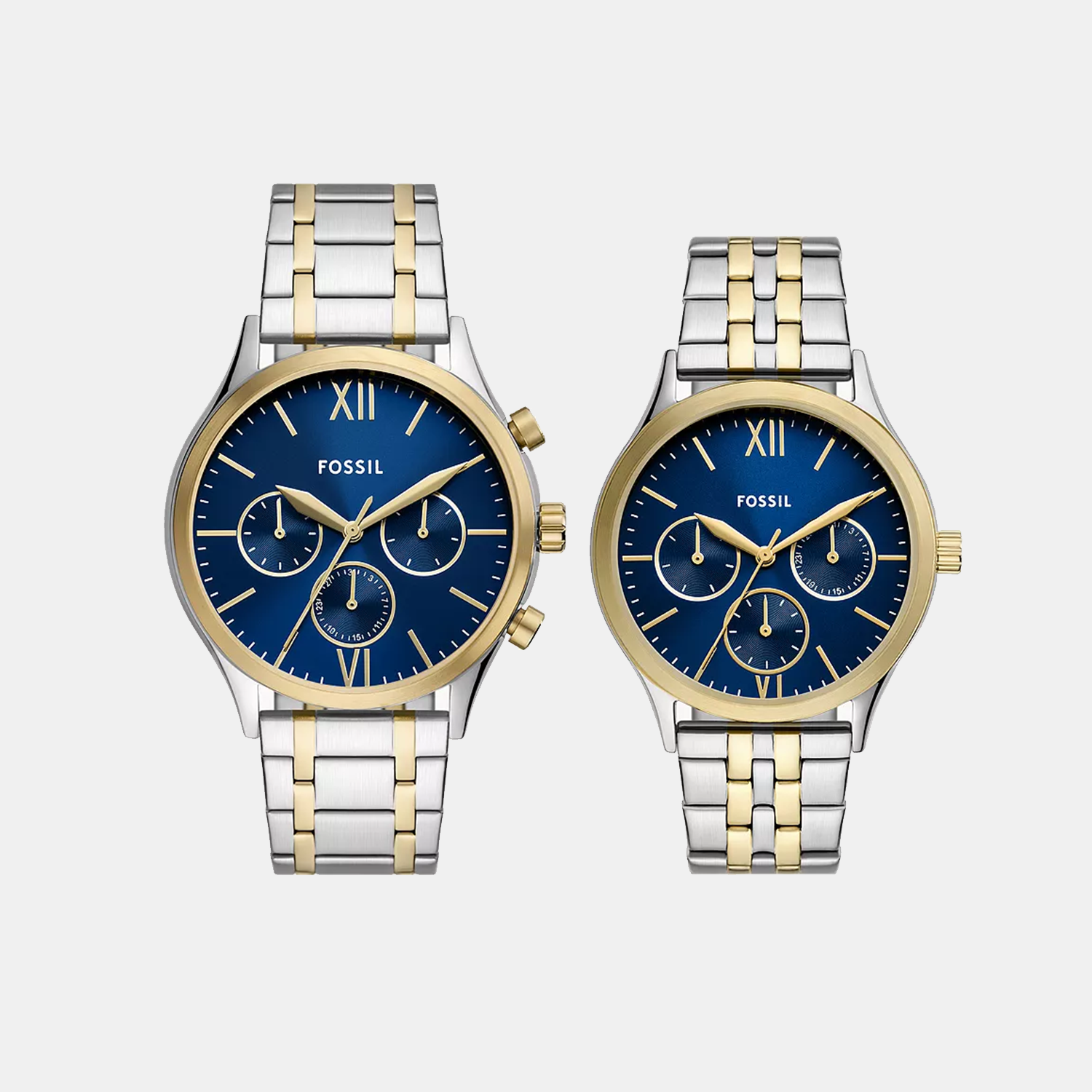 Fossil Fenmore Couple Quartz Blue Dial Multi-Function Stainless Steel Watch BQ2900SET