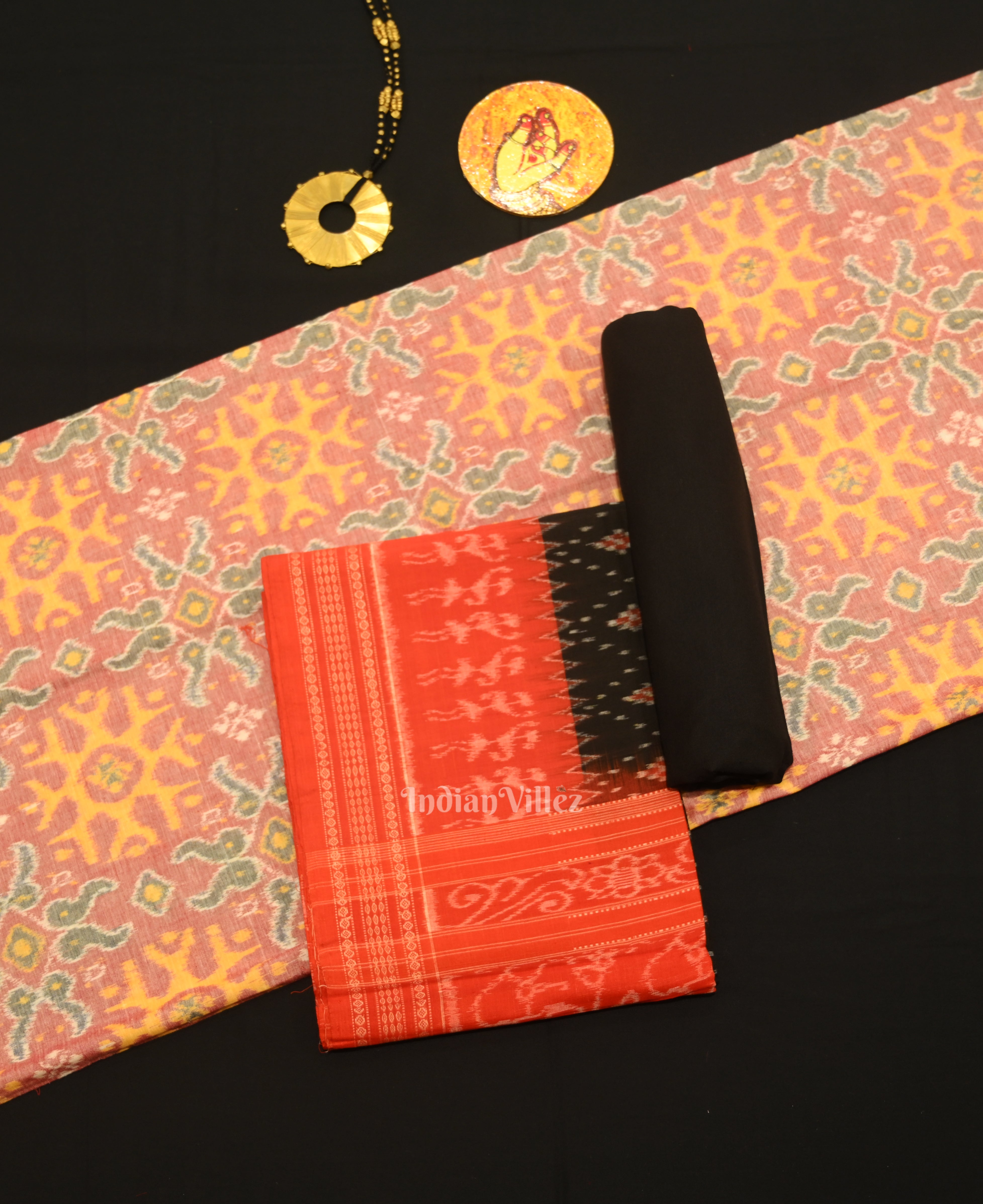 IndianVillèz Onion Pink Odisha Ikat Sambalpuri Dress Set & Dupatta