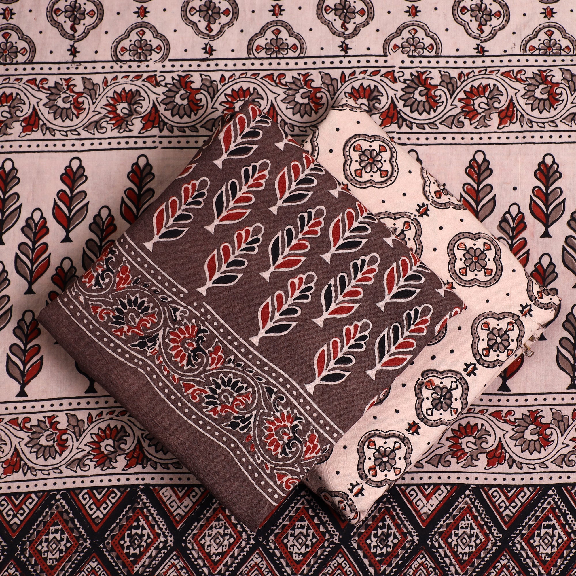 AJRAKH BY JABBAR KHATRI Brown - 3pc Ajrakh Block Printed Natural Dyed Cotton Suit Material Set 03 - view 2