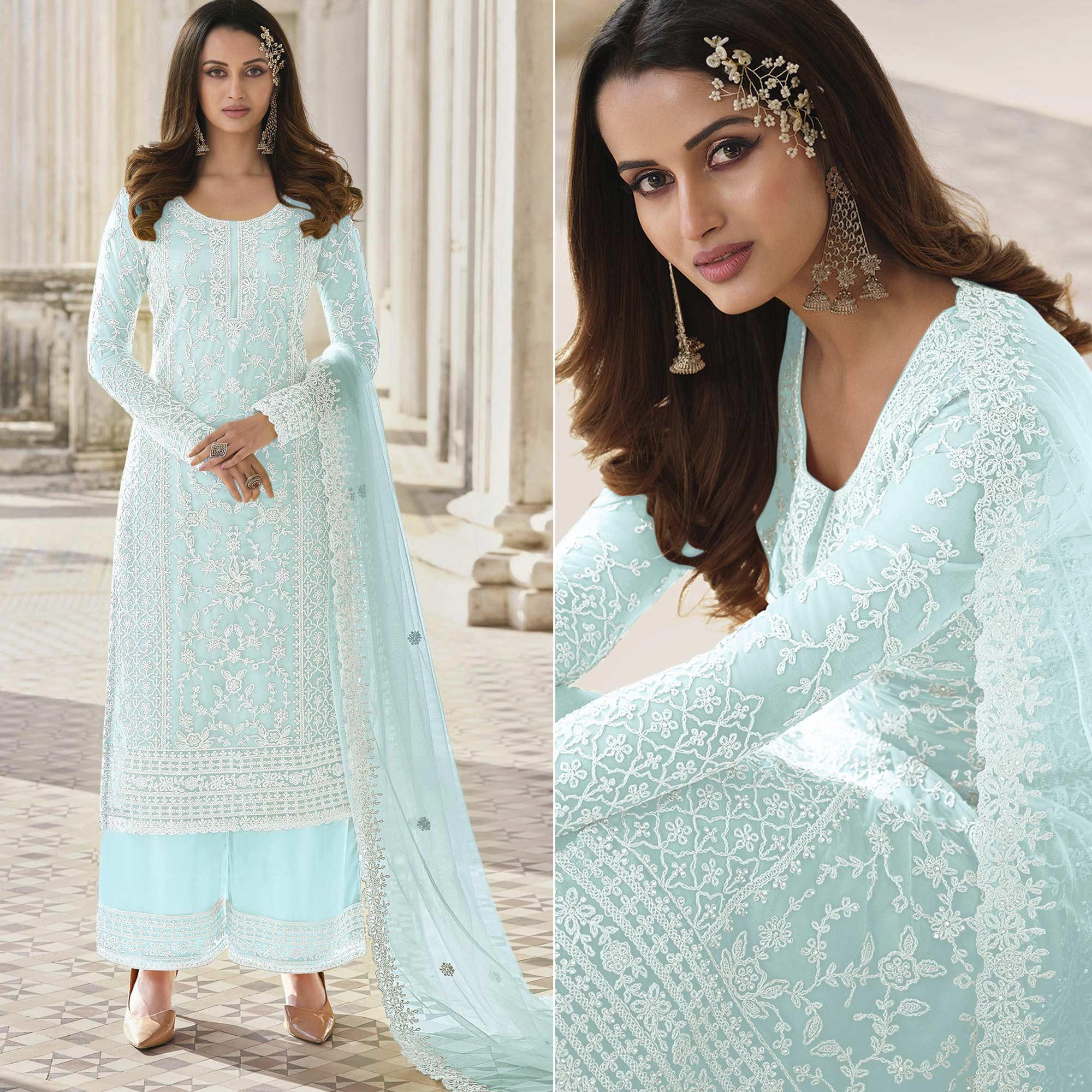 Peachmode Light Blue Embroidered With Embellished Net Palazzo Suit