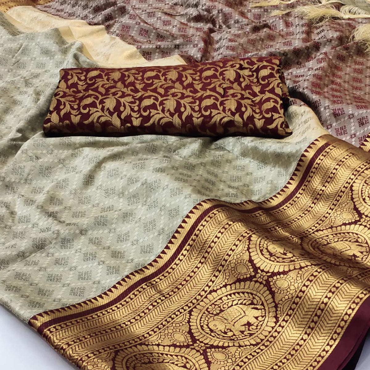 Peachmode Chikoo Woven Cotton Silk Saree With Tassels - view 2