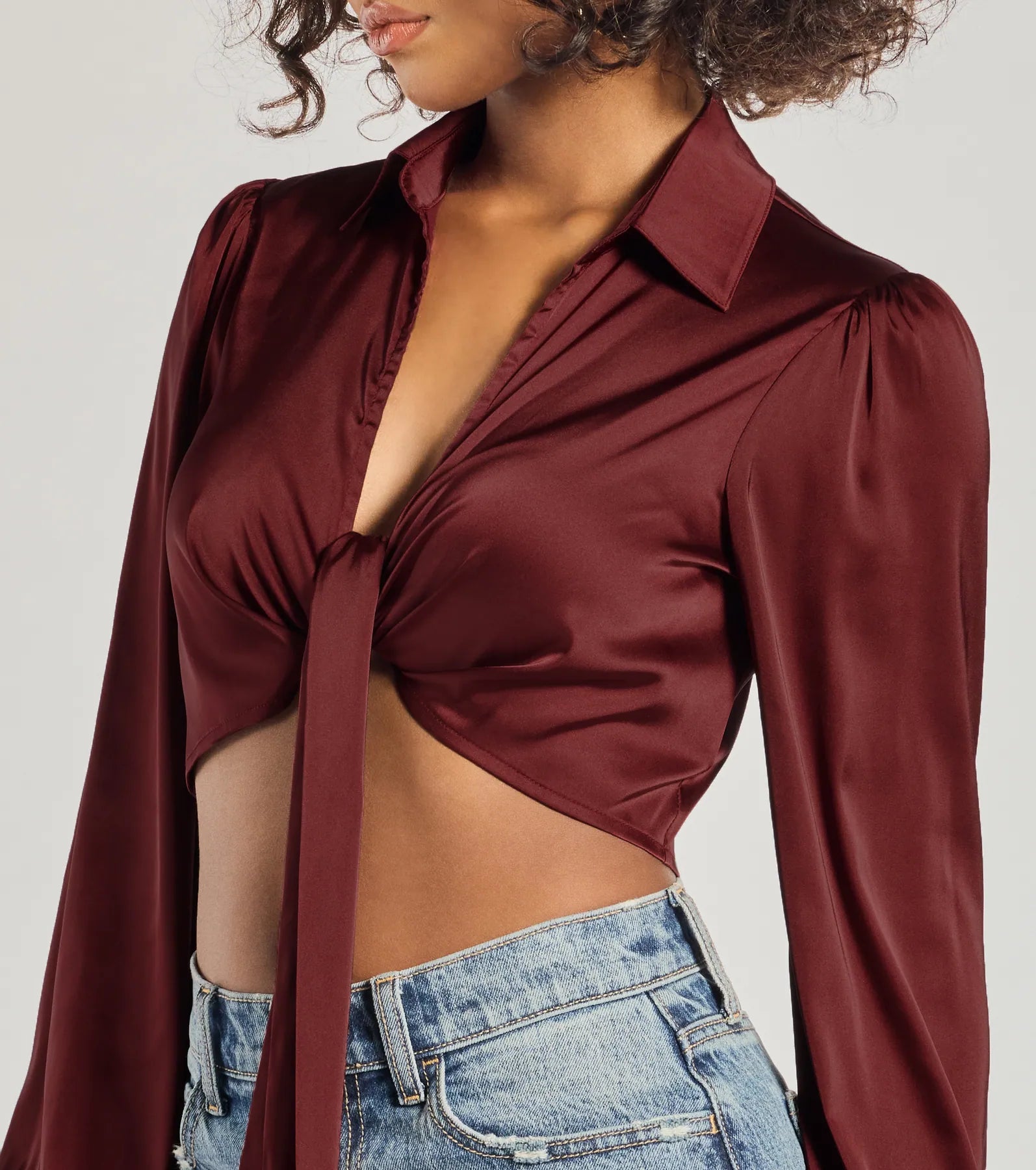 Windsor Sleek Mood Satin Tie-Front Crop Top - view 4
