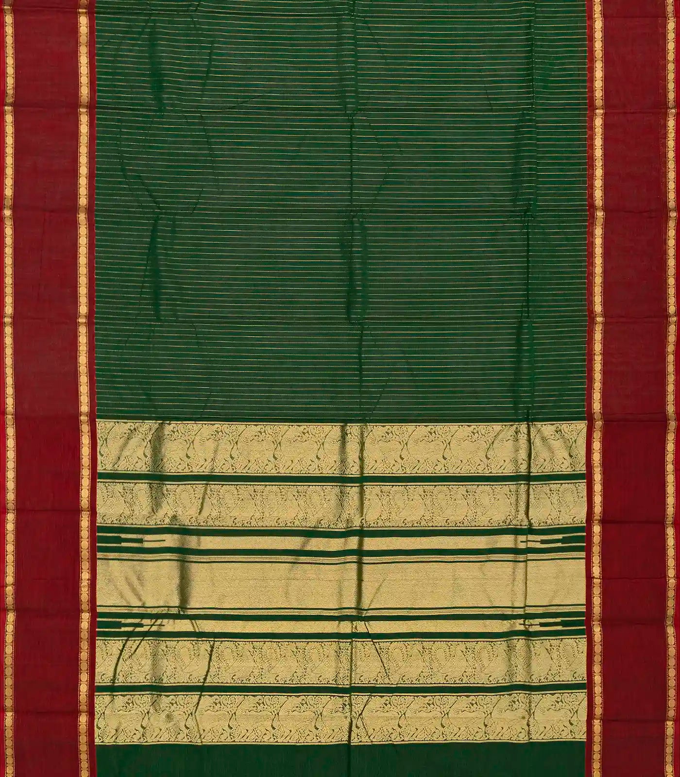 RmKV Dark Green Handloom Kanchi Cotton Saree With Zari Stirpes & Maroon Border - view 2